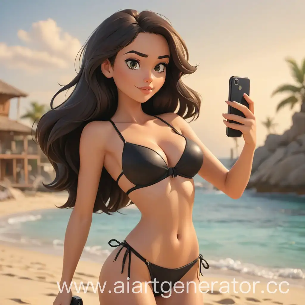 Cartoon-Woman-in-Black-Bikini-Taking-Selfie-with-Smartphone