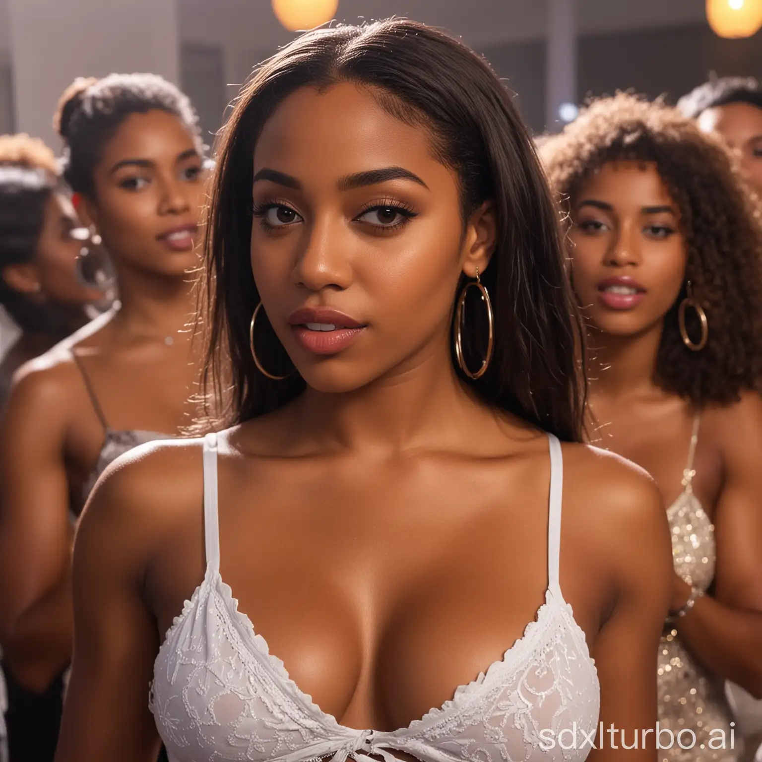 A Dominican sexy lady in a party critically observing and analysing other ebony and mulattoes' behaviour in 2023 from a wider angle with moves 30 seconds