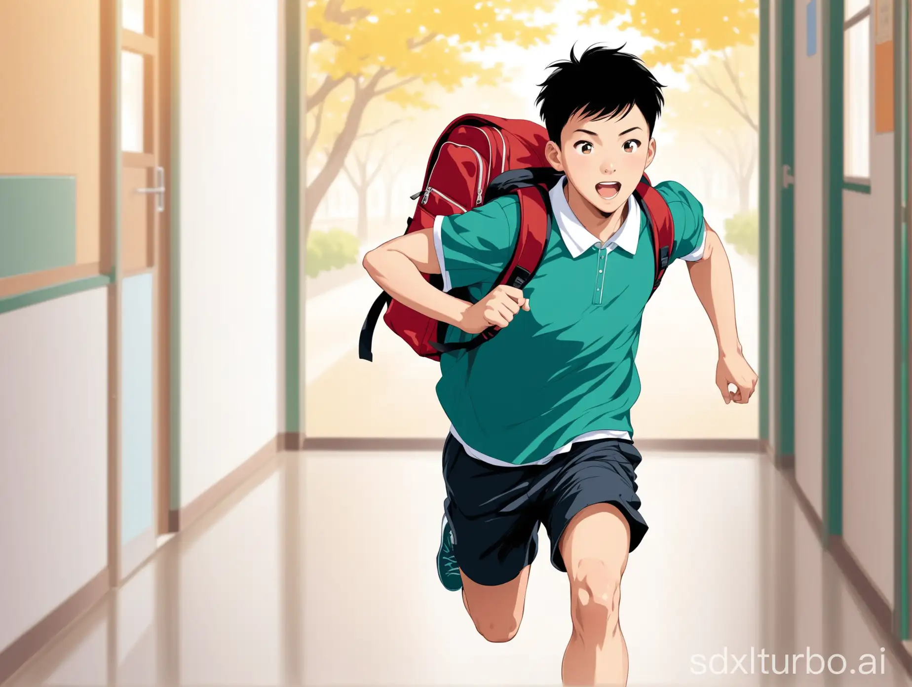 Generate a picture of a Chinese high school boy running to the classroom with a backpack.