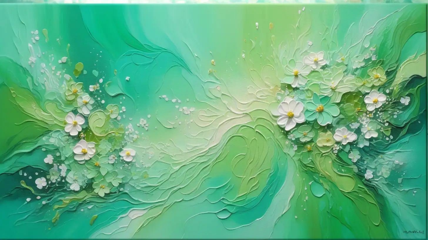 textured oil painting of abstract art of florescent colors mint-green and bright-green and tan and turquoise with luminescent small flowers of mint-green and beige and whites scattered among galaxies and waves