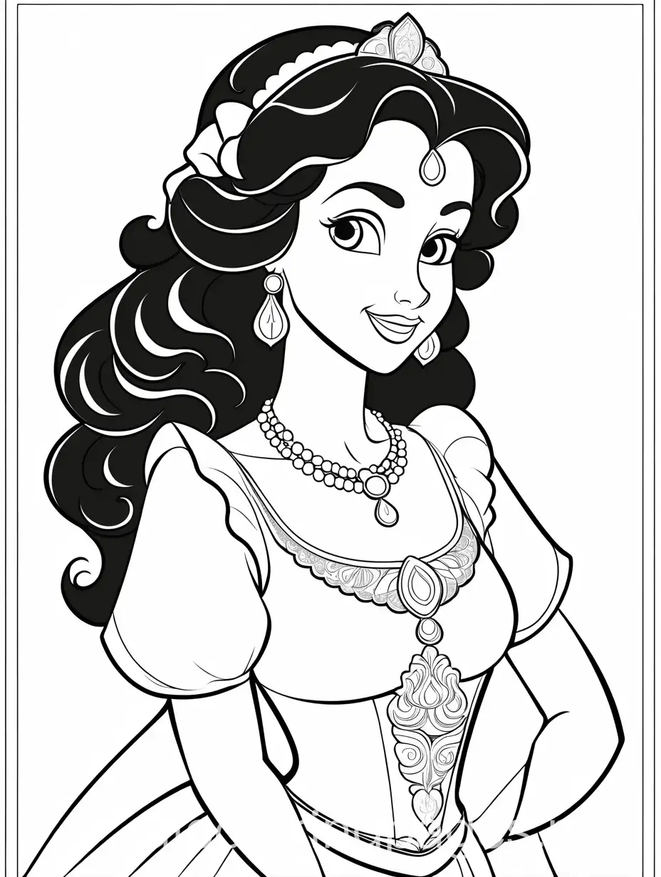 Esmeralda from disney uncolored drawing for kids coloring book, Coloring Page, black and white, line art, white background, Simplicity, Ample White Space. The background of the coloring page is plain white to make it easy for young children to color within the lines. The outlines of all the subjects are easy to distinguish, making it simple for kids to color without too much difficulty