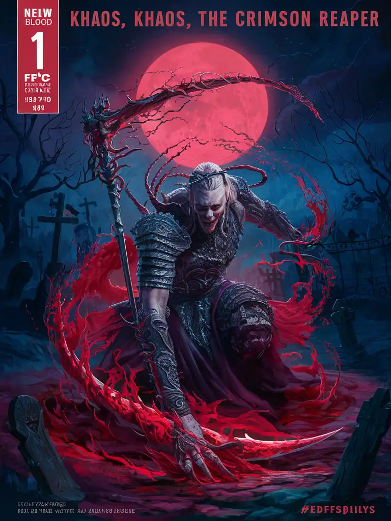 Design a detailed #1 comic book cover for "New Blood Collectables - Khaos, the Crimson Reaper." Use FSC-certified uncoated matte paper (80 lb, 120 gsm) with a slightly textured surface.

Description: Khaos emerges from a swirl of crimson mist, his scythe glinting menacingly under the blood-red moon. The backdrop features a haunted graveyard, shrouded in eerie fog and lit by ghostly lights. The cover highlights his menacing presence and dark allure, with intricate armor details and the ethereal glow of his weapon, capturing the essence of fear and chaos he brings.

Include: Add_Details_XL-fp16 algorithm, 3D octane rendering style (3DMM_V12) with mdjrny-v4 style, infused with global illumination --q 180 --s 275 --ar 3:4 --chaos 500 --w 500.