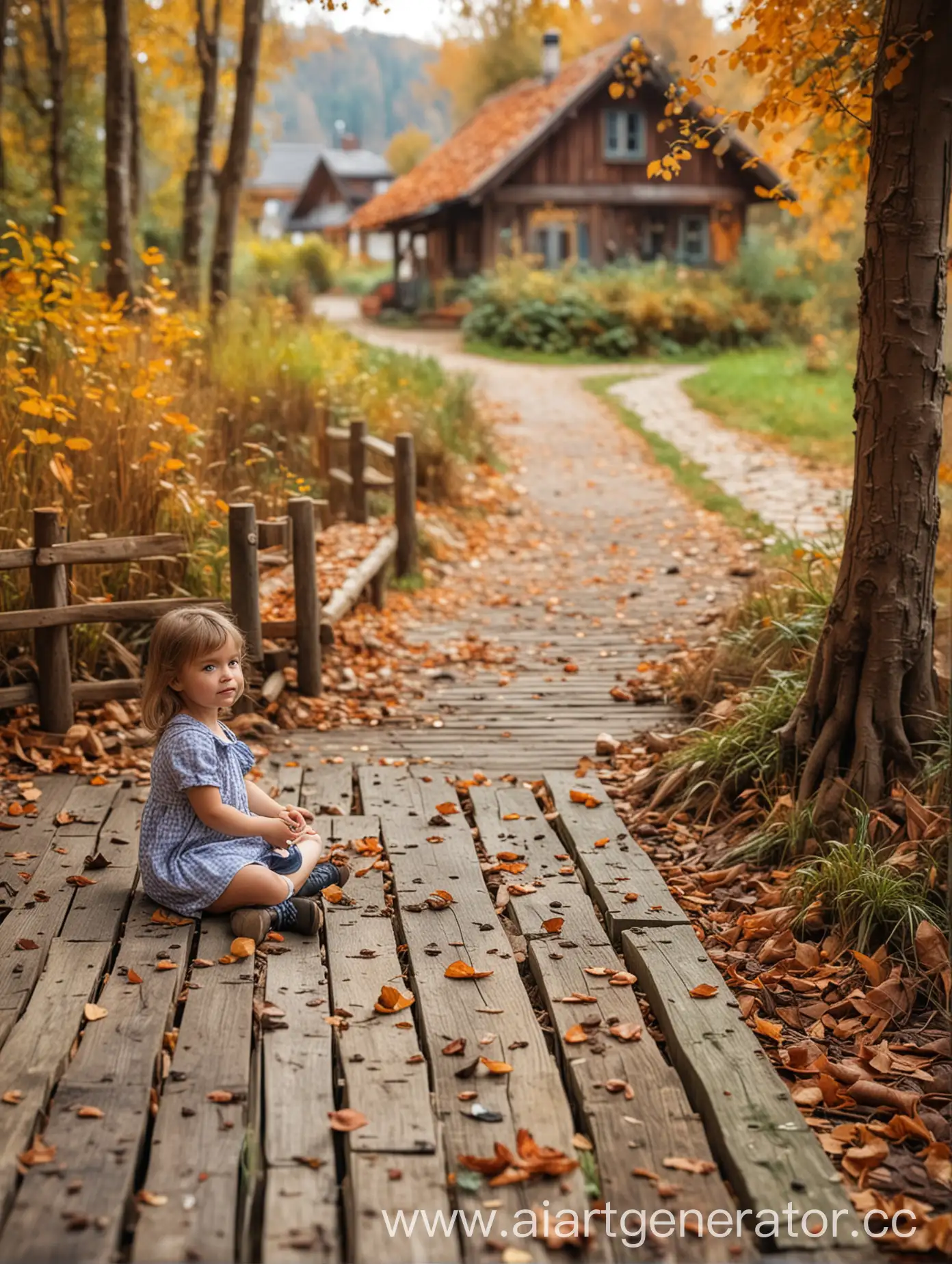 Маленькая девочка сидит на деревянной террасе, рядом сидит сенбернар, на фоне осенний лес и деревня, под ногами опавшие листья и трава, фон размыт, реалистично