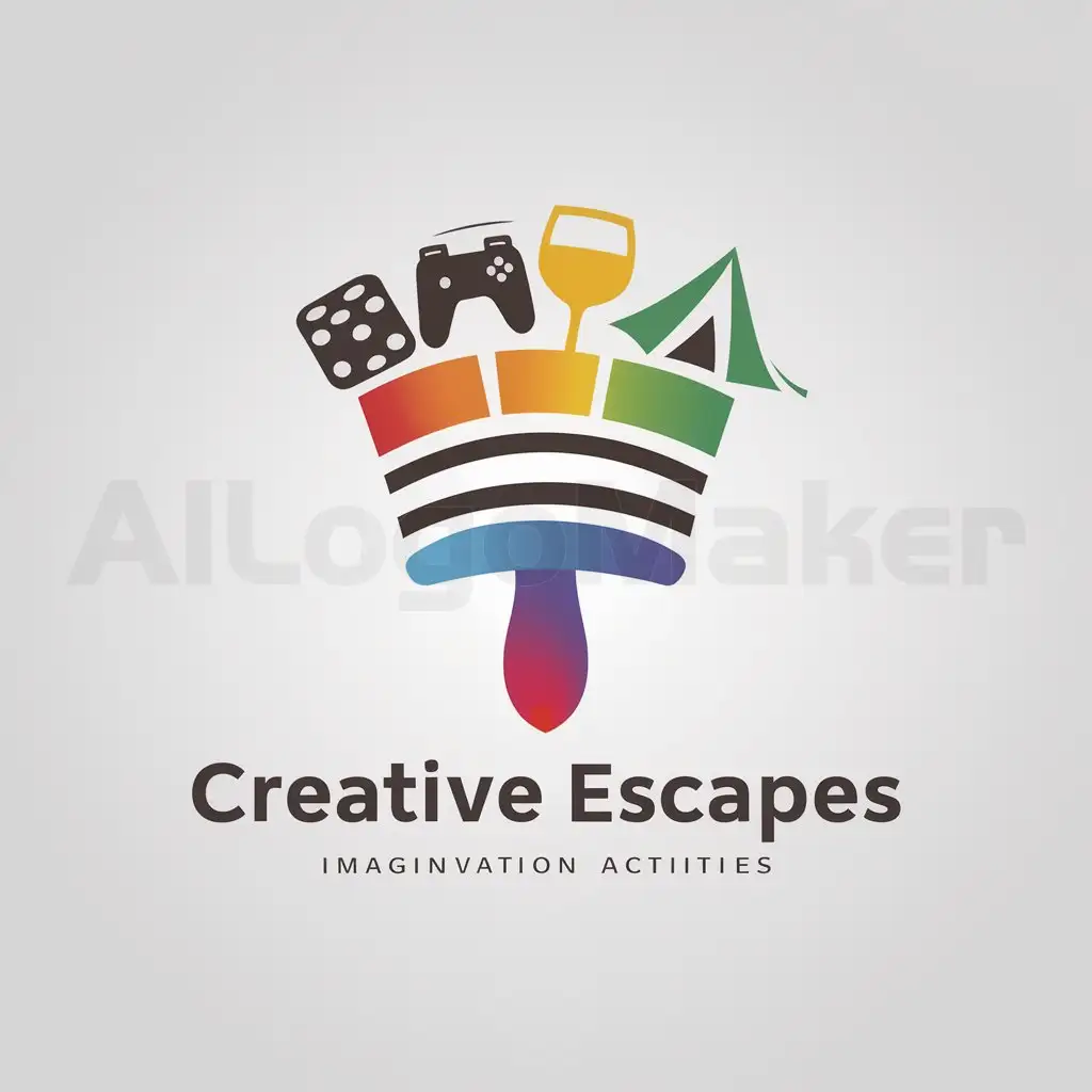 a logo design,with the text "Creative Escapes", main symbol: Sure, here's a simple and creative logo concept for "Creative Escapes" that incorporates a paintbrush, wine glass, games, camping to represent painting, sipping activities, game nights, date nights, and camping:

[Insert Image Description Here]

The logo features a stylized paintbrush made up of vibrant colors dripping with paint, symbolizing creativity and fun. The handle of the paintbrush doubles as a wine glass, representing sipping activities during game or date nights. A pair of dice and game controllers are integrated into the paintbrush bristles to signify games night, while a tiny tent represents camping.

The overall design is simple, yet captivating with vibrant colors that reflect the lively and fun atmosphere of your business. The logo's playful style will help attract customers who want to escape their daily routine and enjoy creative activities with friends, family, or partners.,Moderate,be used in Others industry,clear background