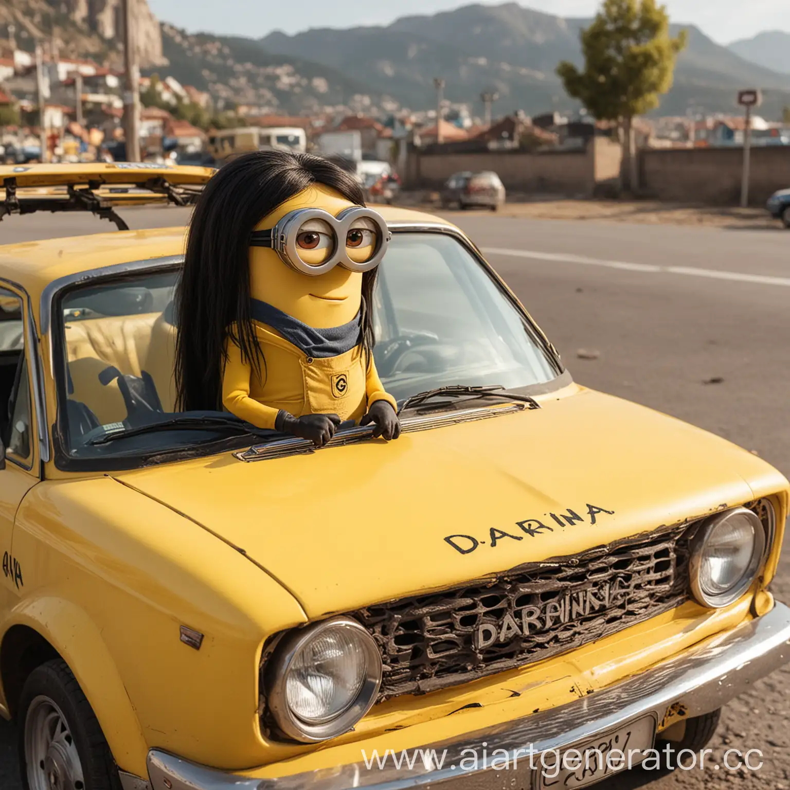 a minion with dark medium-length hair sits on the hood of a yellow car with the name Darina clearly written on it
