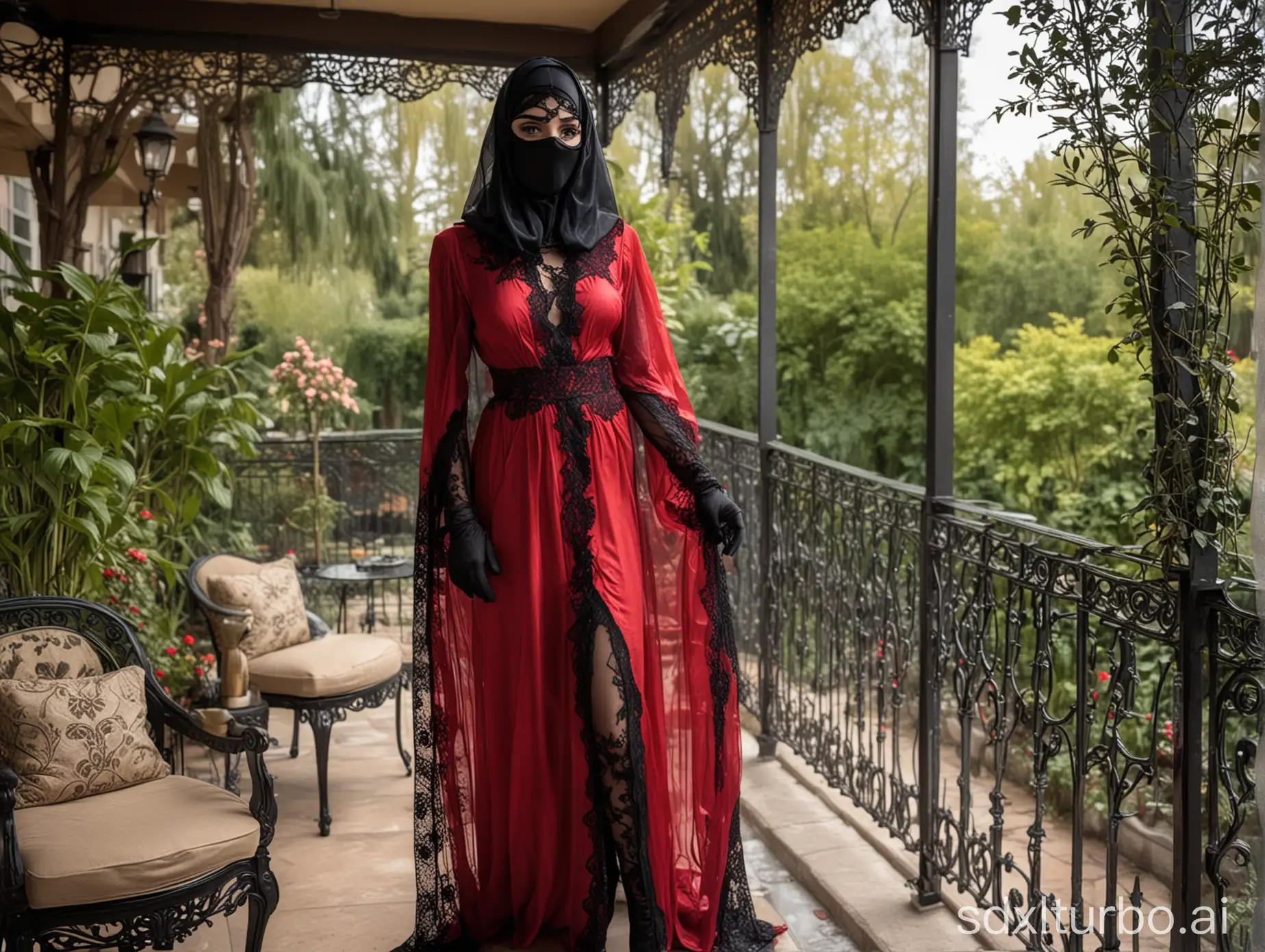 feminized man, sissy standing, small breasts, red abaya, blue eyes, black niqab, mask on mouth, mask with transparent lace veil over the eyes, high heels. Black gloves. Outside on luxury terrace, garden lounge.