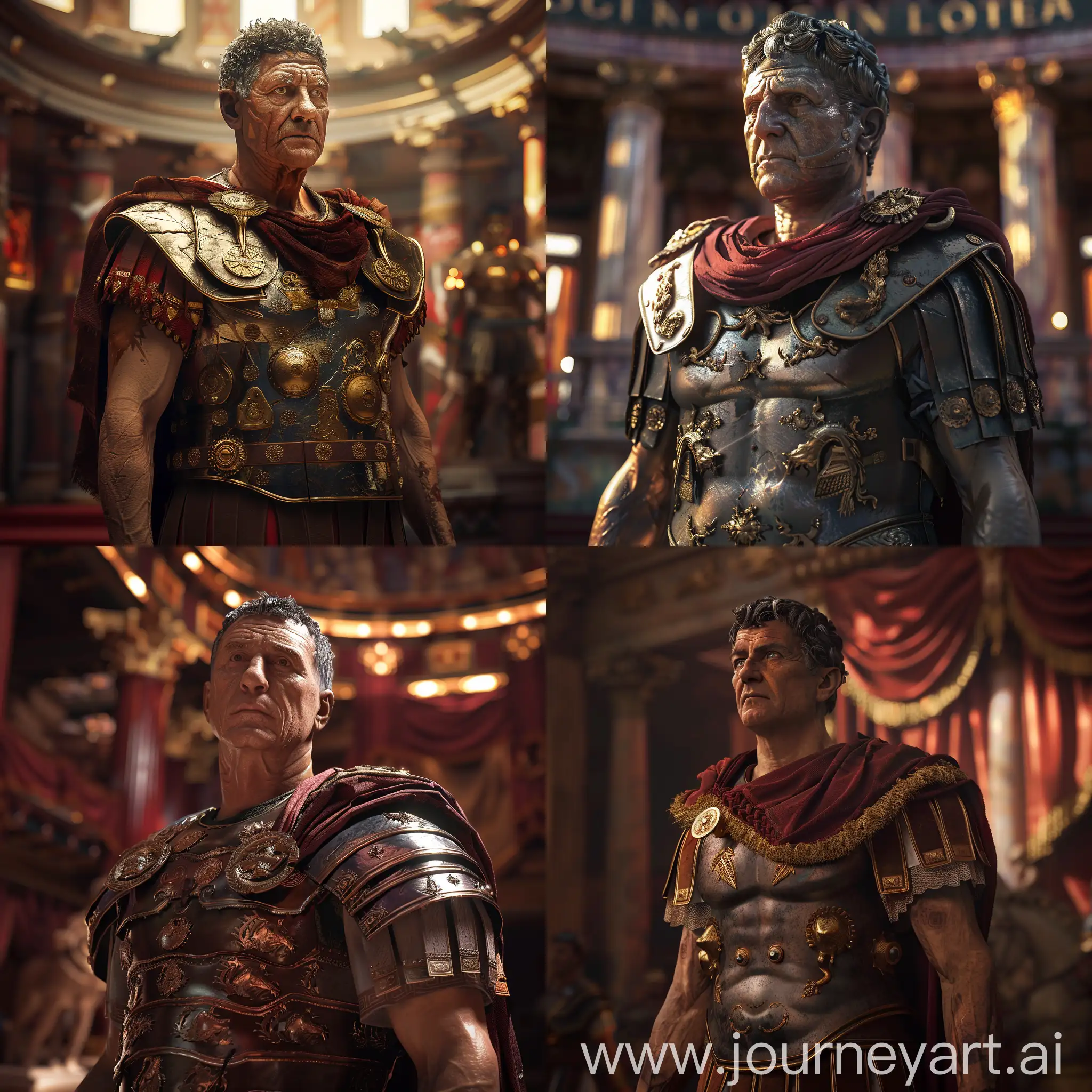 30 years old Roman Emperor Augustus standing tall, in Roman Emperor armor, detailed face, at Ancient Rome, Ancient Rome environment, cinematic lighting