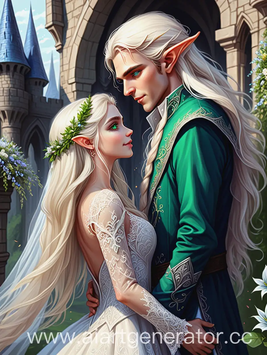 Very Hight quality, good quality drawing, well-drawn details, detailed pictures,HD illustration,wedding day,beautiful Lace wedding clothes, beautiful young elf male wizard Avallac'h with long platinum hair and blue eyes,they are happy,they look at each other,illustration detailing,flowers around,an ancient castle,beautiful faces, his hair is combed back,wedding Lace dress,stands Ciri with Green eyes ,blond young elf wizard male, Light hair is combed bach ,wedding portait