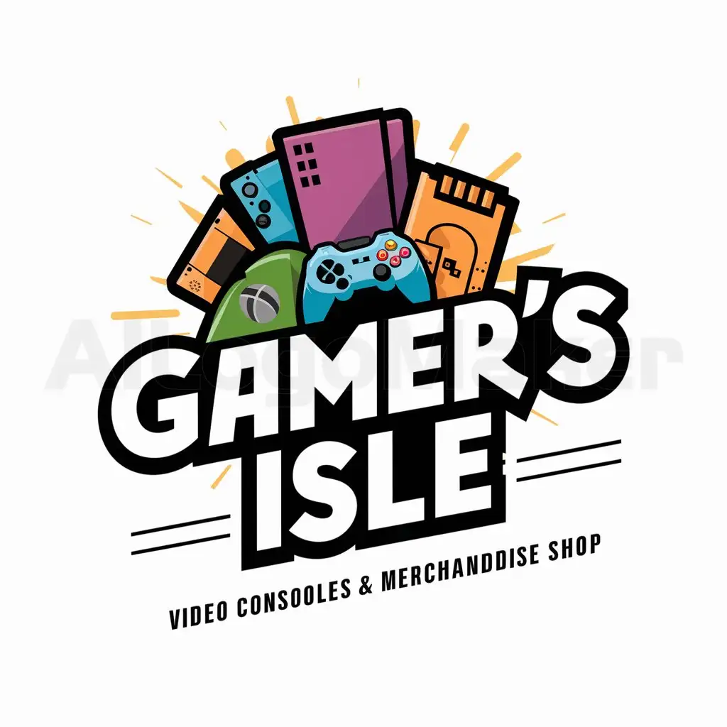 a logo design,with the text "Gamer's Isle", main symbol:Video Game consoles and merchandise shop in colourful and funky text,complex,be used in Video Games industry,clear background