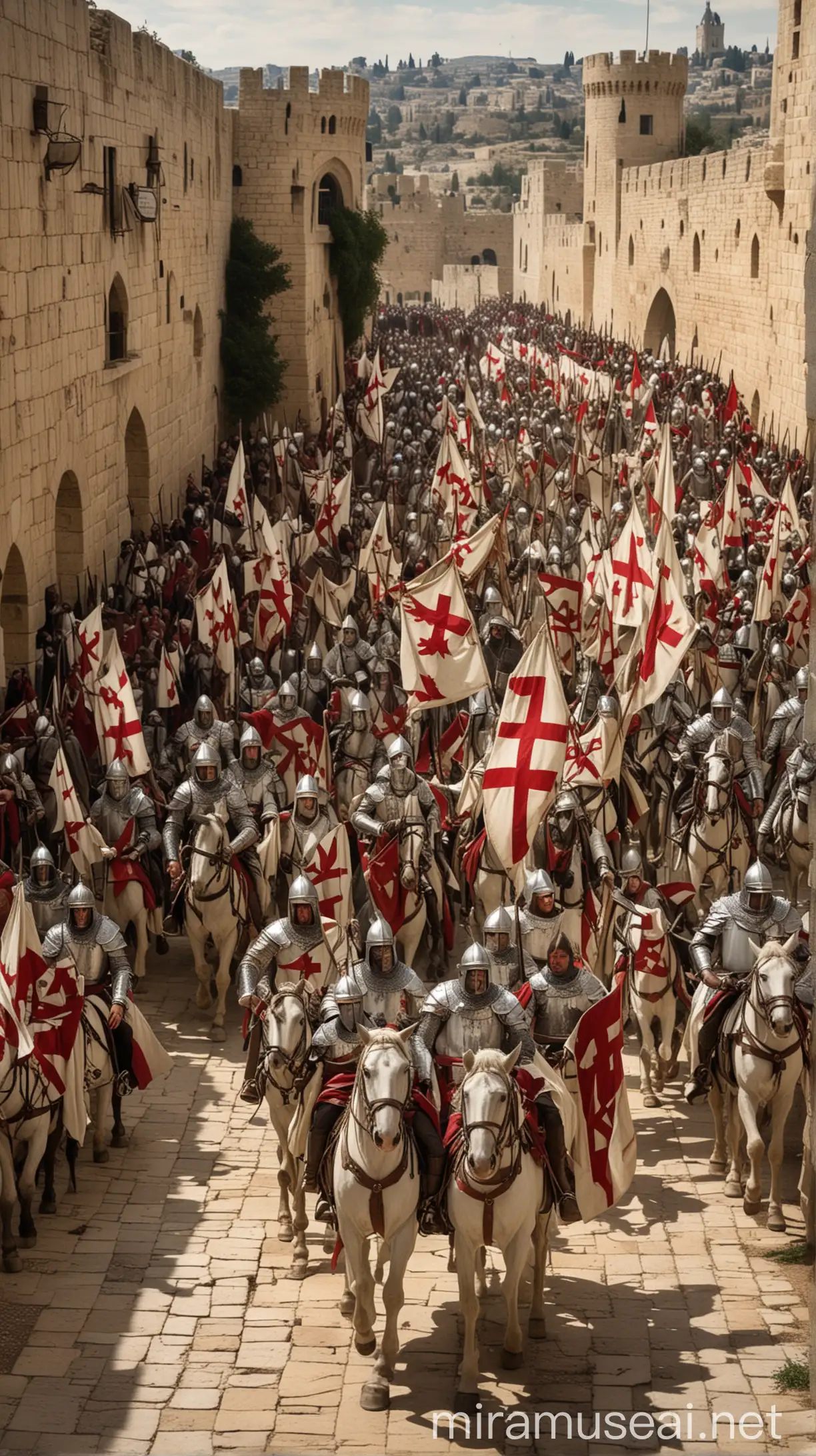 A tableau of the Crusaders marching forth to reclaim Jerusalem, with the Knights Templar leading the charge.
