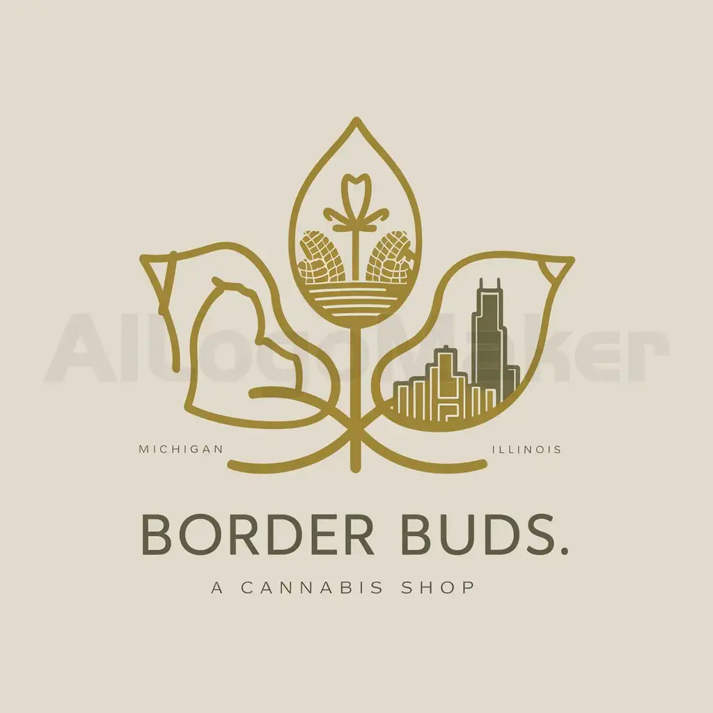 a logo design,with the text "border buds", main symbol:Create a logo for a cannabis shop that symbolizes a hub and unity, connecting Michigan, Indiana, and Illinois. Incorporate elements that represent each state and blend them into a central, welcoming focal point. The design should convey harmony and community, highlighting our shop as a gathering place for people from these three states. Use a cohesive color palette and ensure the design feels modern and inviting,Moderate,clear background