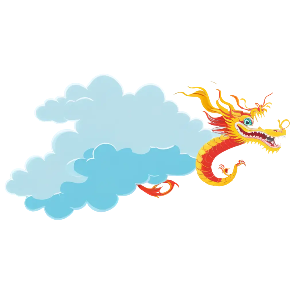 cartooned 2D cloud with chinese dragon coming out from right side in Modern Art Style