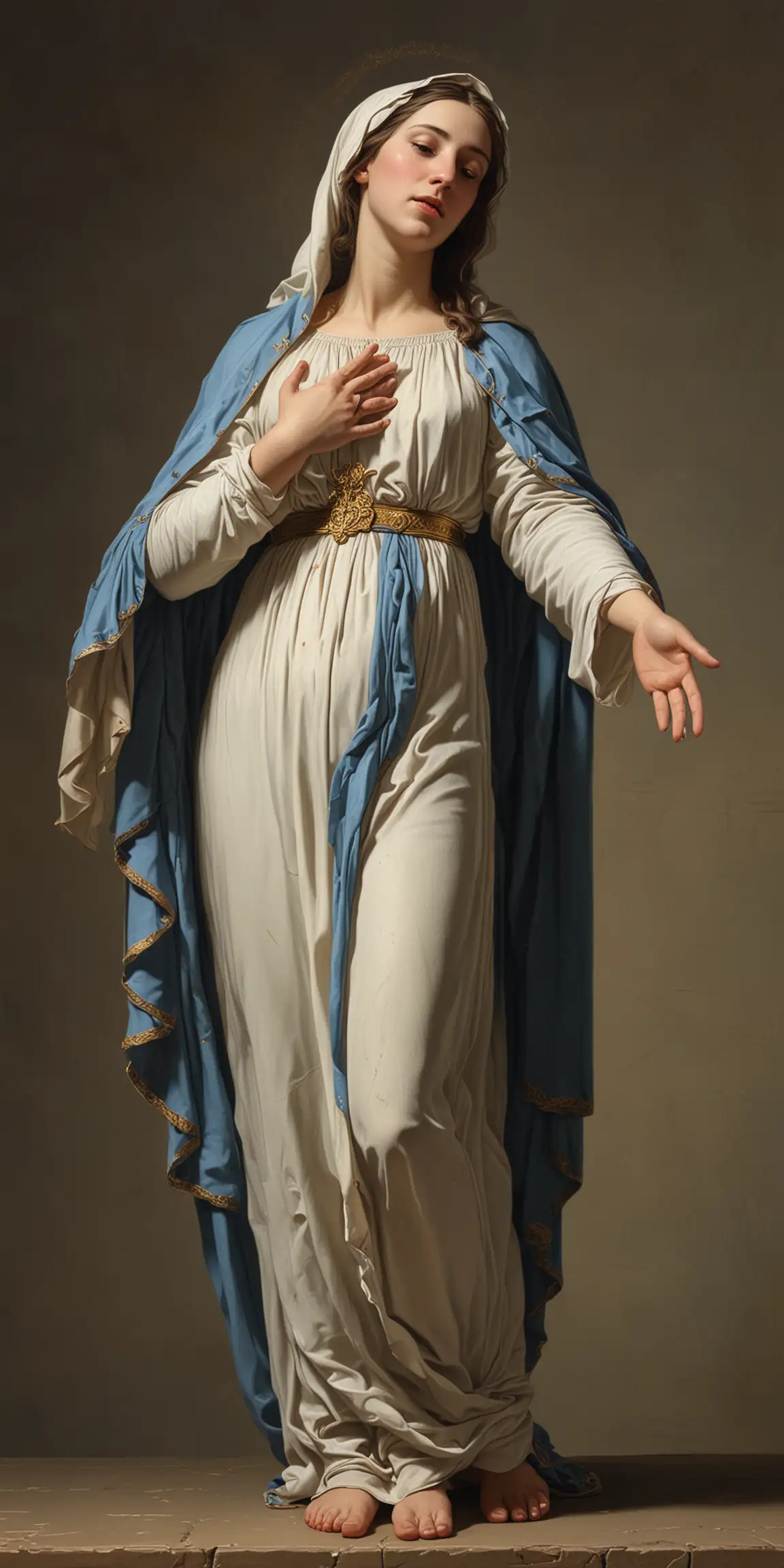 A full-figure painting rendered in the style of French artist Jacques-Louis David showing the side-view of the beautiful Virgin Mary with her clasped hands looking upwards