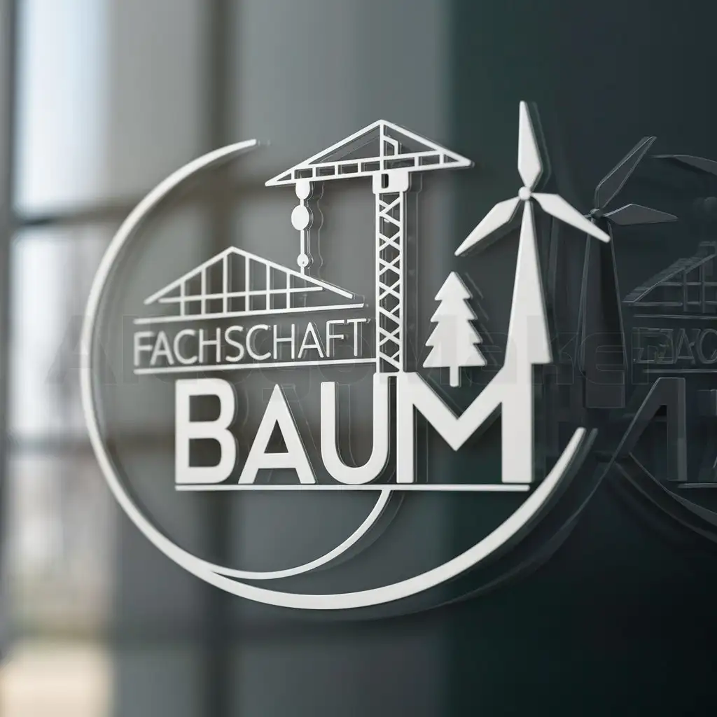 a logo design,with the text "Fachschaft BaUm", main symbol:Bau, Windrad, Kran, Baum, The logo should become circle with the name on the edge,complex,be used in Education industry,clear background