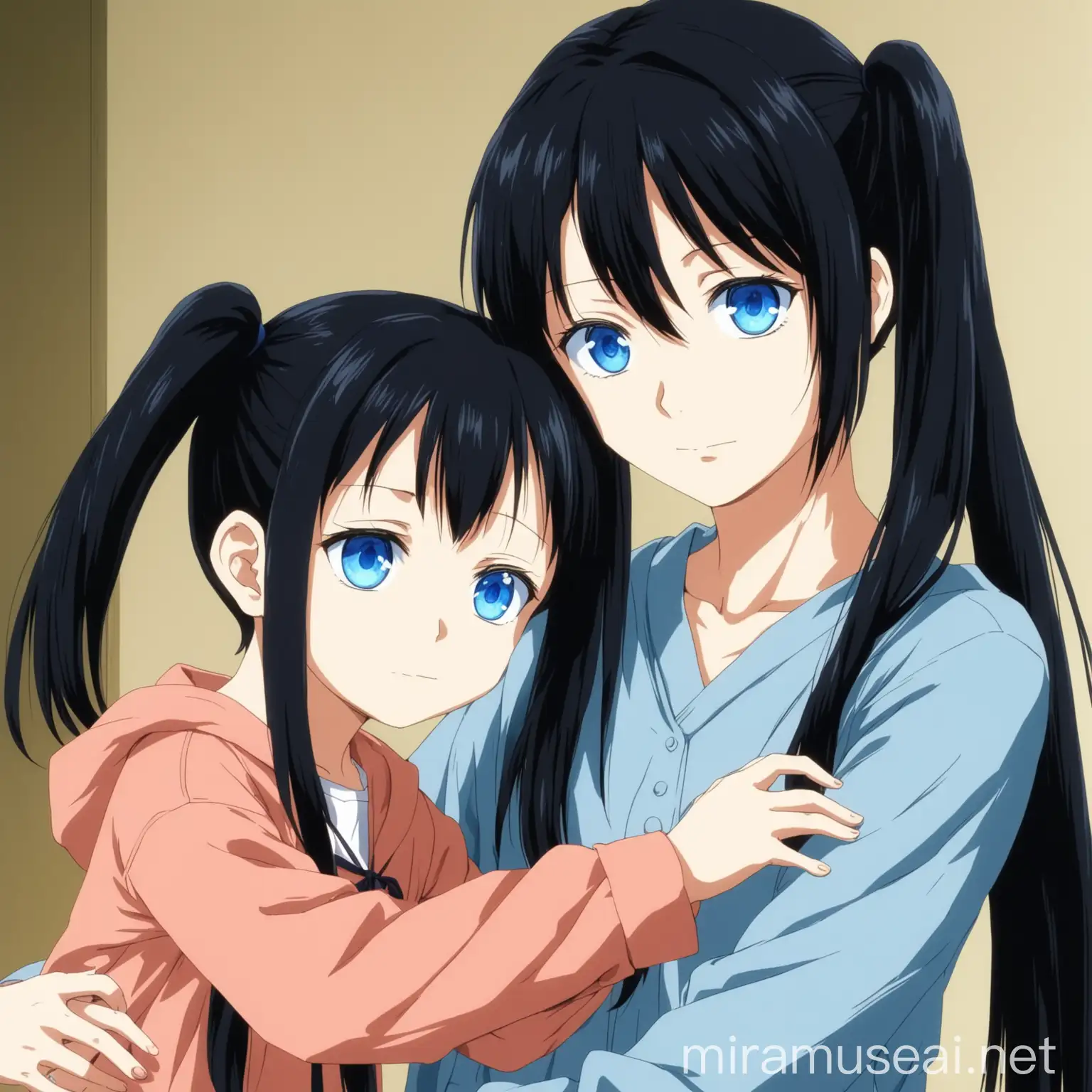 23 years old anime girl with black twintail and blue eyes with a 5 year old daughter