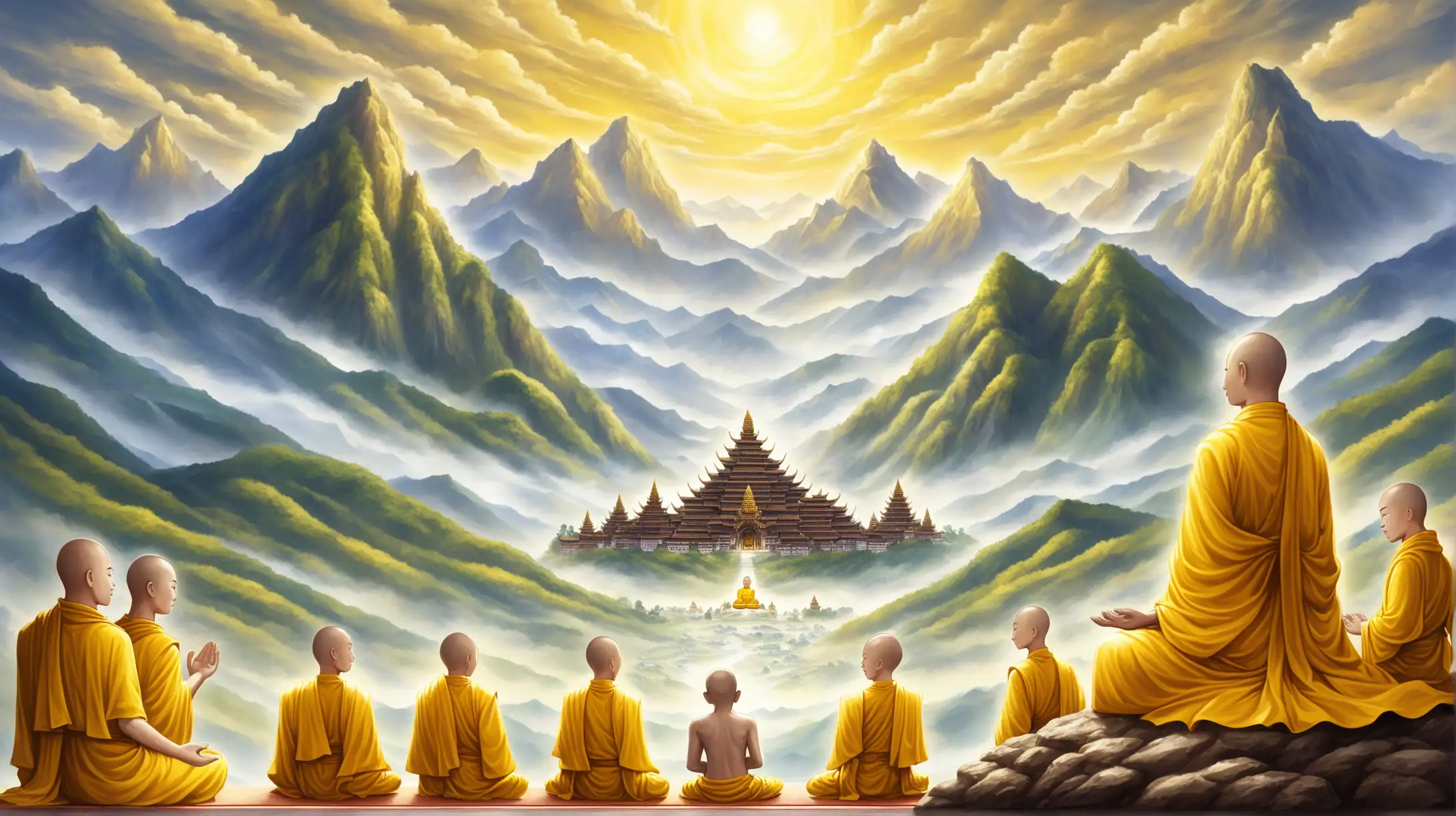 The Buddha is teaching monks, The Buddha is dressed in white, he is radiant, the monks are wearing yellow robes, there is a dramatic sky, set in a mountain region with majestic distant peaks.