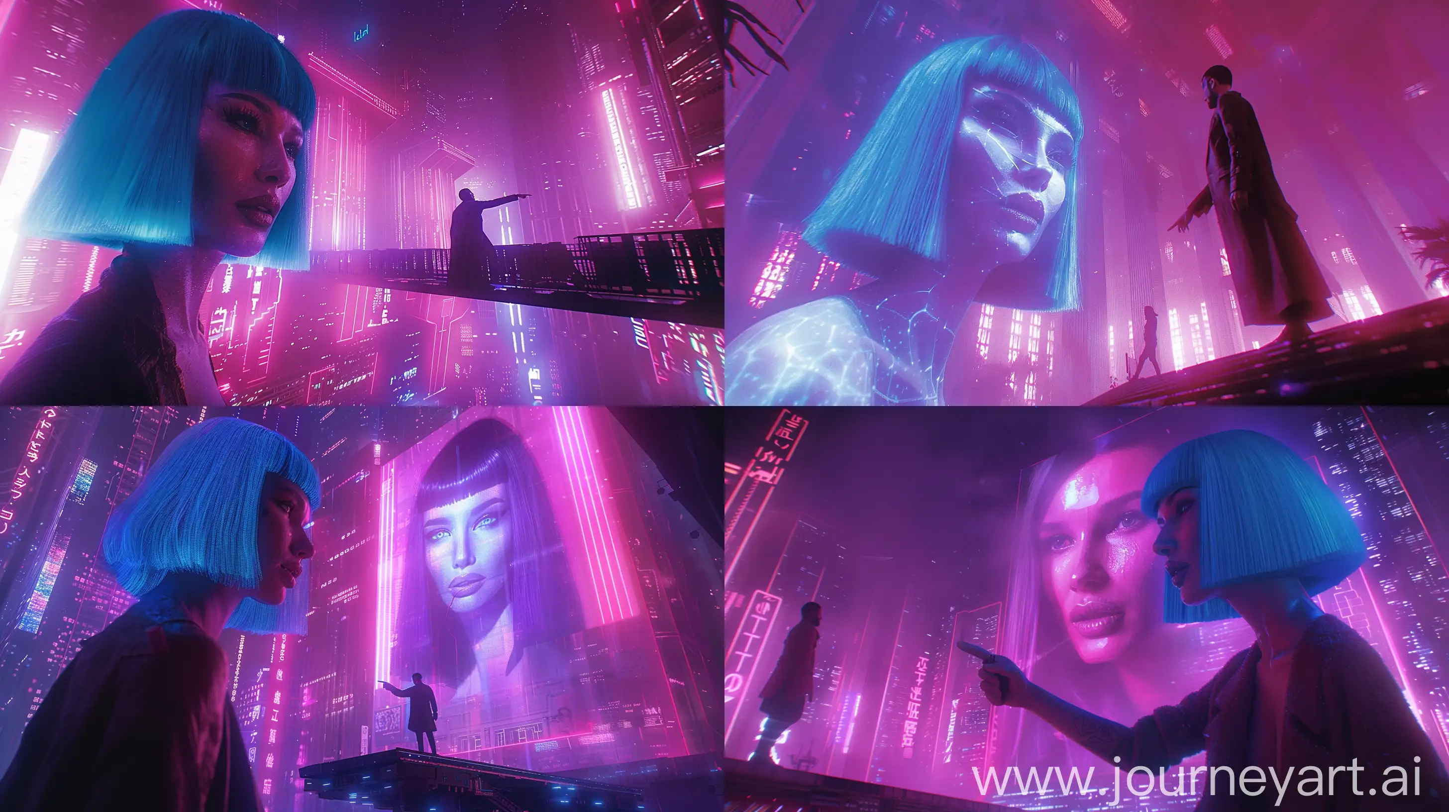 Futuristic cyberpunk cityscape with a larger-than-life holographic woman with neon blue bob hair, pointing at a man on a platform, neon purple and pink hues, soft lighting, man in a long coat, realistic detailed hologram, dreamlike atmosphere, human-Al relationship theme, glowing textures, surreal scale contrast --cref https://cdn.discordapp.com/attachments/1200713789763485788/1241049142487416924/1f5e385f802b4c22bebaa56d6b1a005a.jpg?ex=66497155&is=66481fd5&hm=7b923abb9b74e234aa58505802069cd19b226b381abb5c2fe0f7b89b88d060b8& --cw 100 --ar 16:9 --s 750 --v 6 
