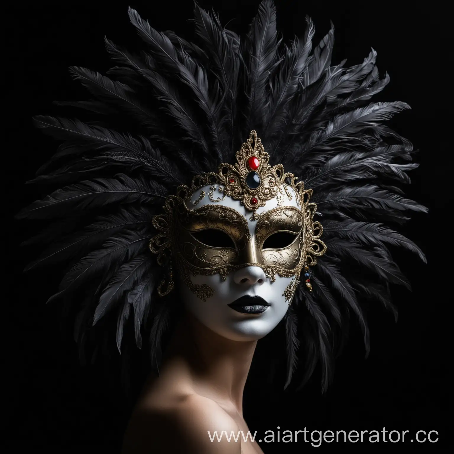 венецианская маска в перьями, черный фон, в профиль
