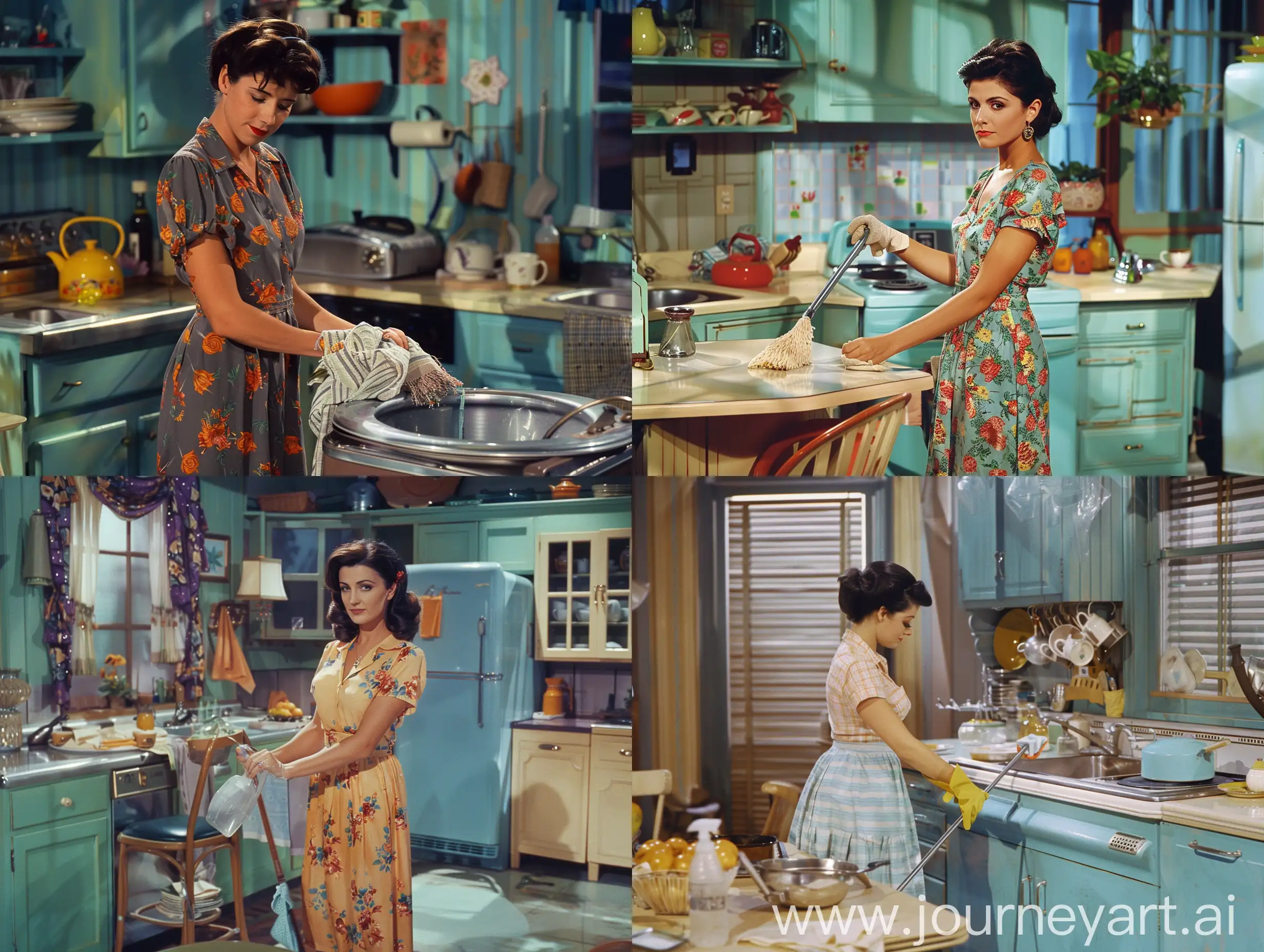 monica geller from friend series,cleaning house,1950's style, super panavision 70 film stock,colory image