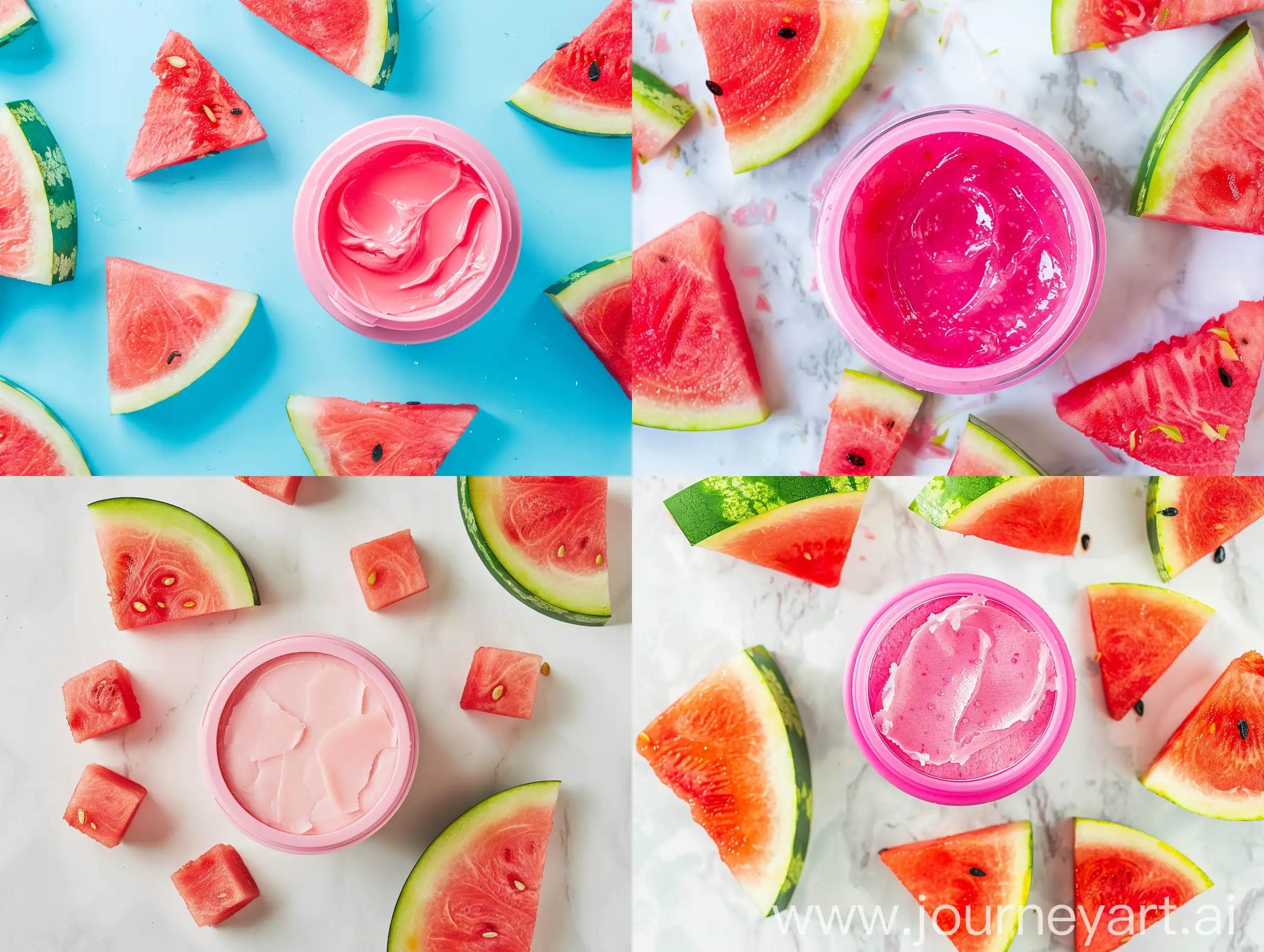 Promotional photo of a pink face mask container next to pieces of watermelon