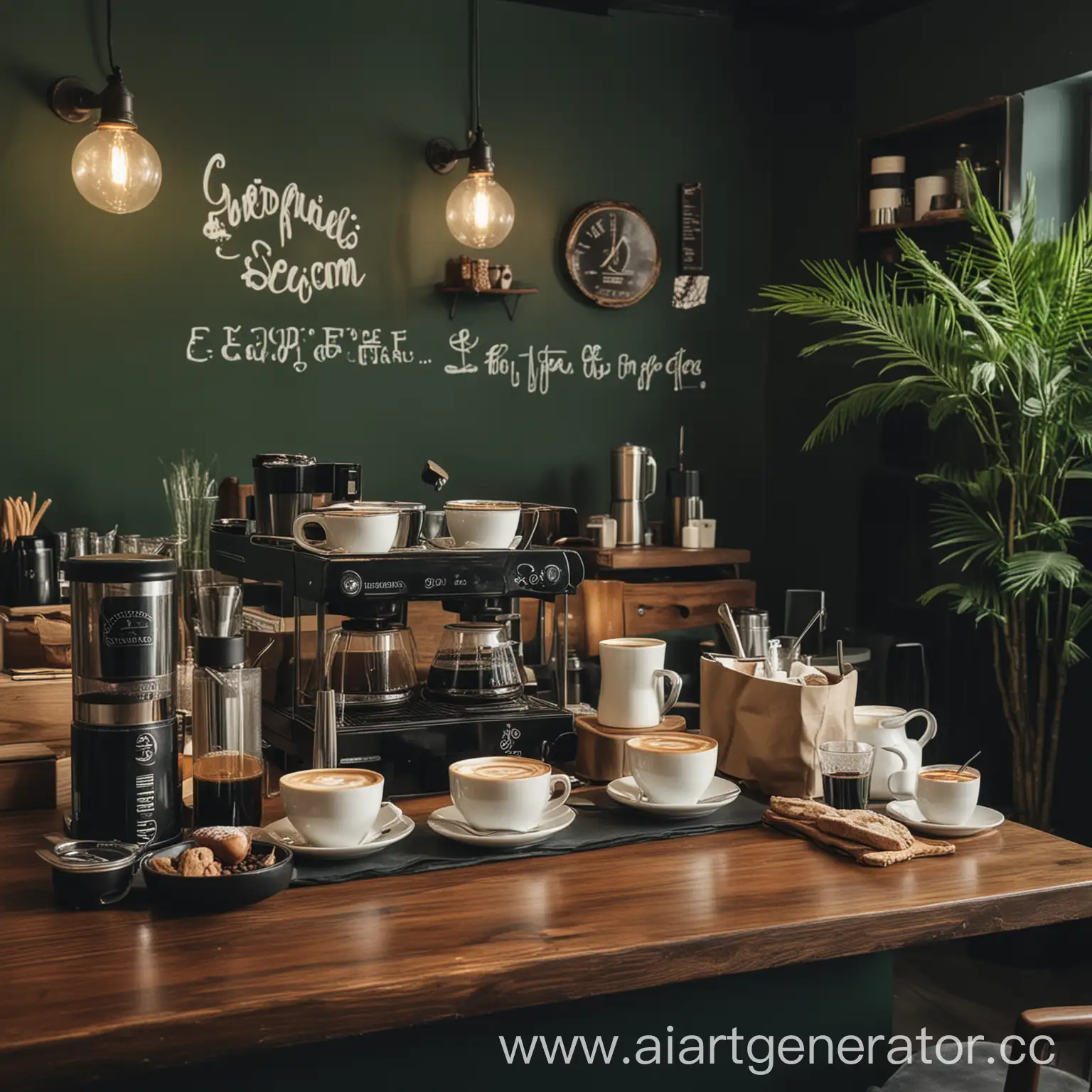Дегустация кофе в кофейне, которая выполнена в темно-зеленых тонах 