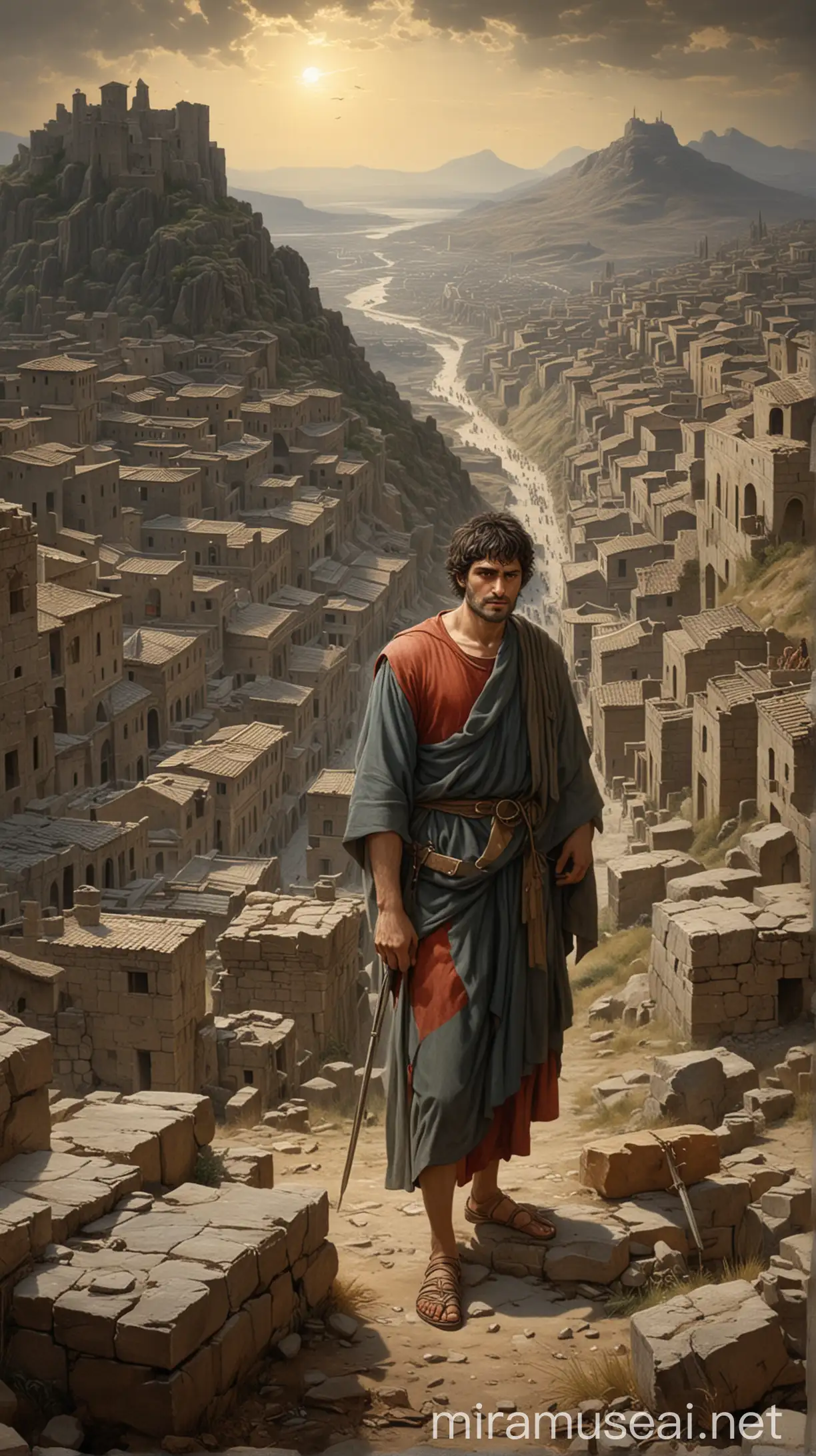 An ancient cityscape of Pergamos in the first century AD, with a somber scene depicting a Christian martyr, symbolizing Antipas."In ancient world 