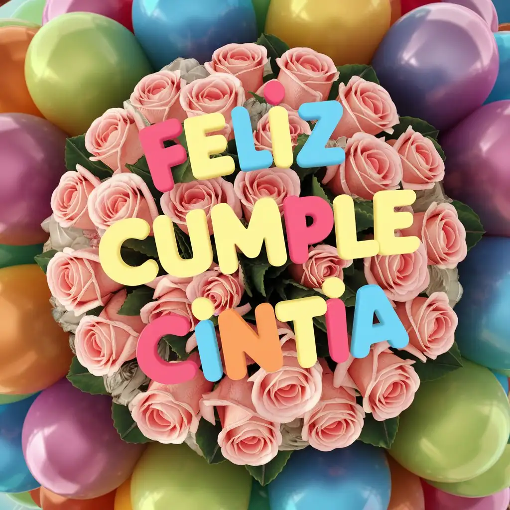 escribir "FELIZ CUMPLE CINTIA....!!!!!!"  sobre un ramo de rosas y con globos de colores