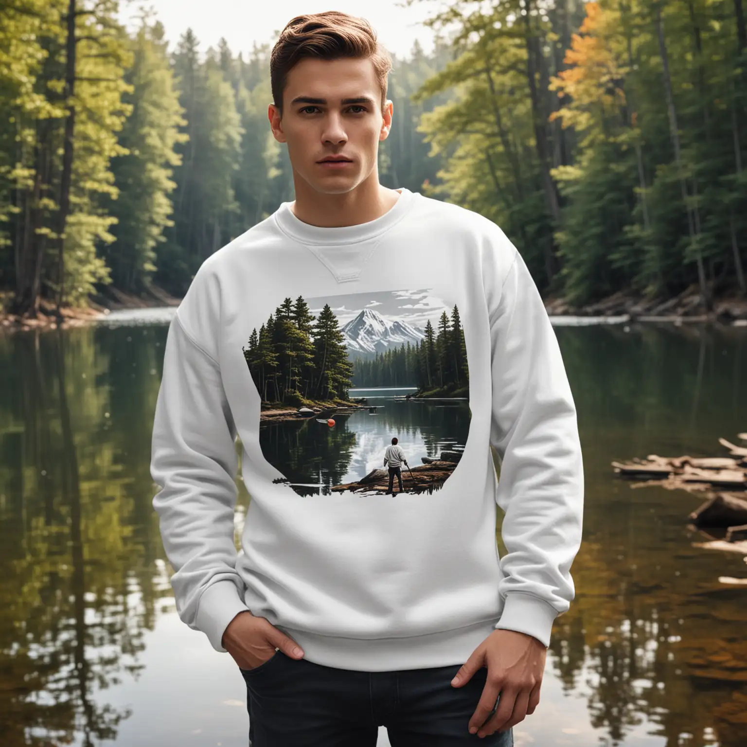 a mockup for a white sweatshirt.  the model should be male.  the background of the photo should like like camp crystal lake from Friday the 13th.