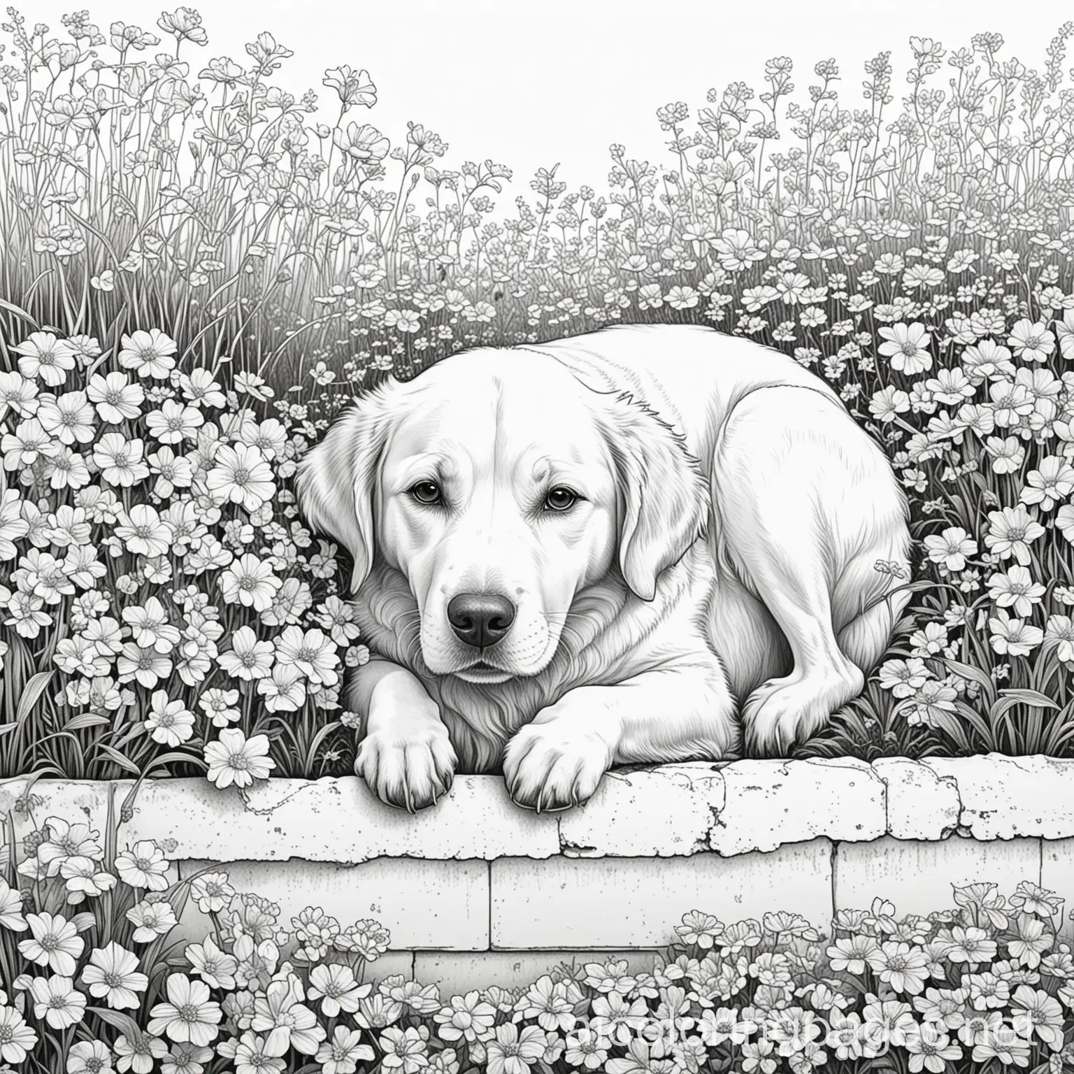 A dog laying in flower bed., Coloring Page, black and white, line art, white background, Simplicity, Ample White Space. The background of the coloring page is plain white to make it easy for young children to color within the lines. The outlines of all the subjects are easy to distinguish, making it simple for kids to color without too much difficulty