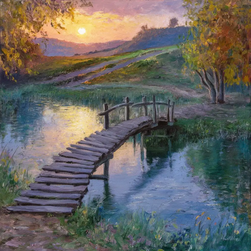create a manet style landscape of a large pond with a bridge overlooking hills at the end of the day sunlight coming from the rightside
