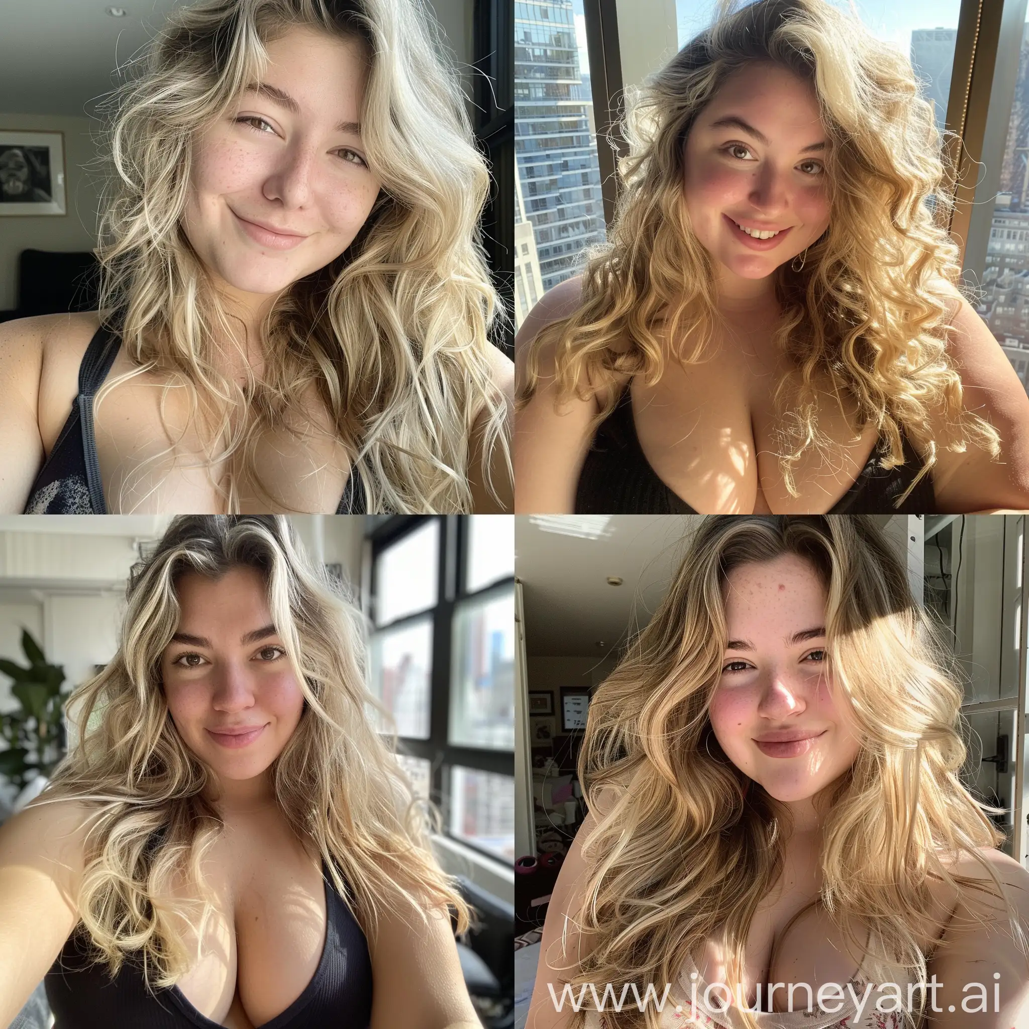 Aesthetic instagram selfie of an average chubby super model teenage girl, fancy NYC apartment, smiling, looking into camera, profile, happy, close up selfie, blonde hair, long hair, bushy eyebrows, gym clothes, nice and slightly large chest