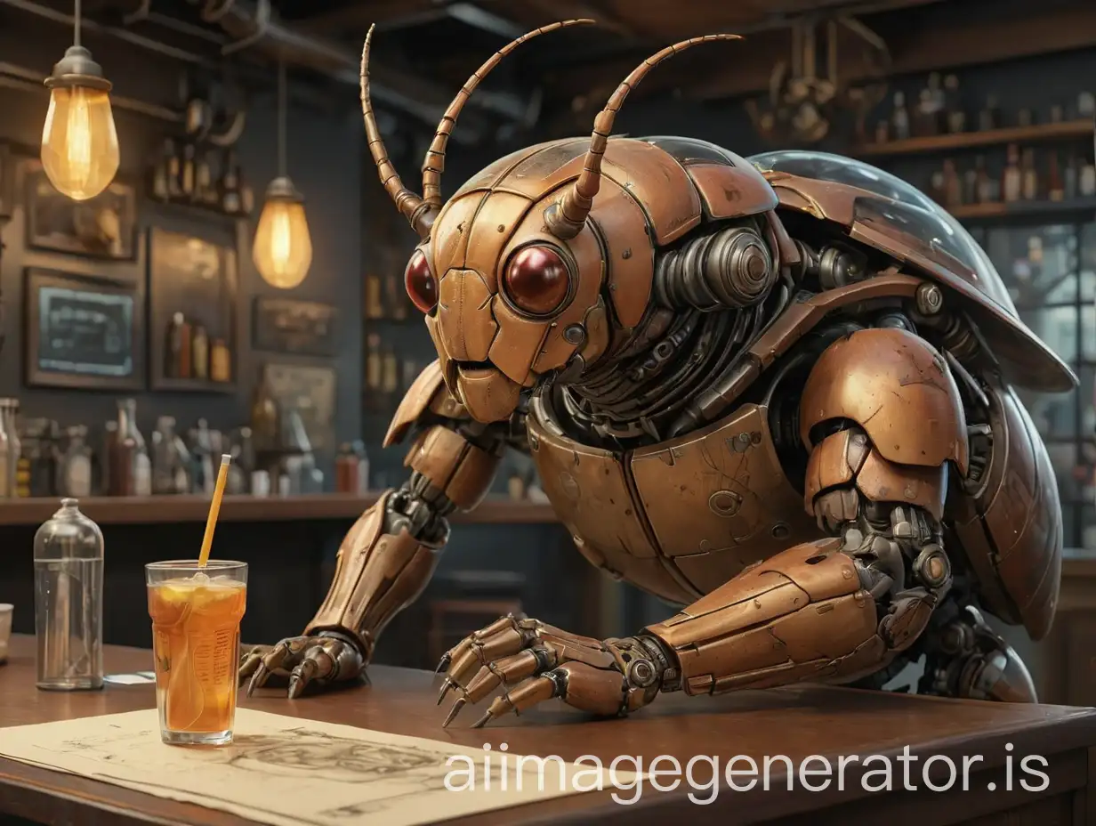 Technical drawing with a simple pencil on old drawing paper with a very complex and technically detailed image of a high-tech bar counter in a secret coffee shop of secret agents, a June cyborg beetle is sitting at the bar and drinking an energy drink from a jar, a cyborg beetle is technically complex and very detailed, shown in detail in the style of technical drawings, next to the bar hologram projection of an unknown planet, high stylization, high workload, highest detail, highest clarity