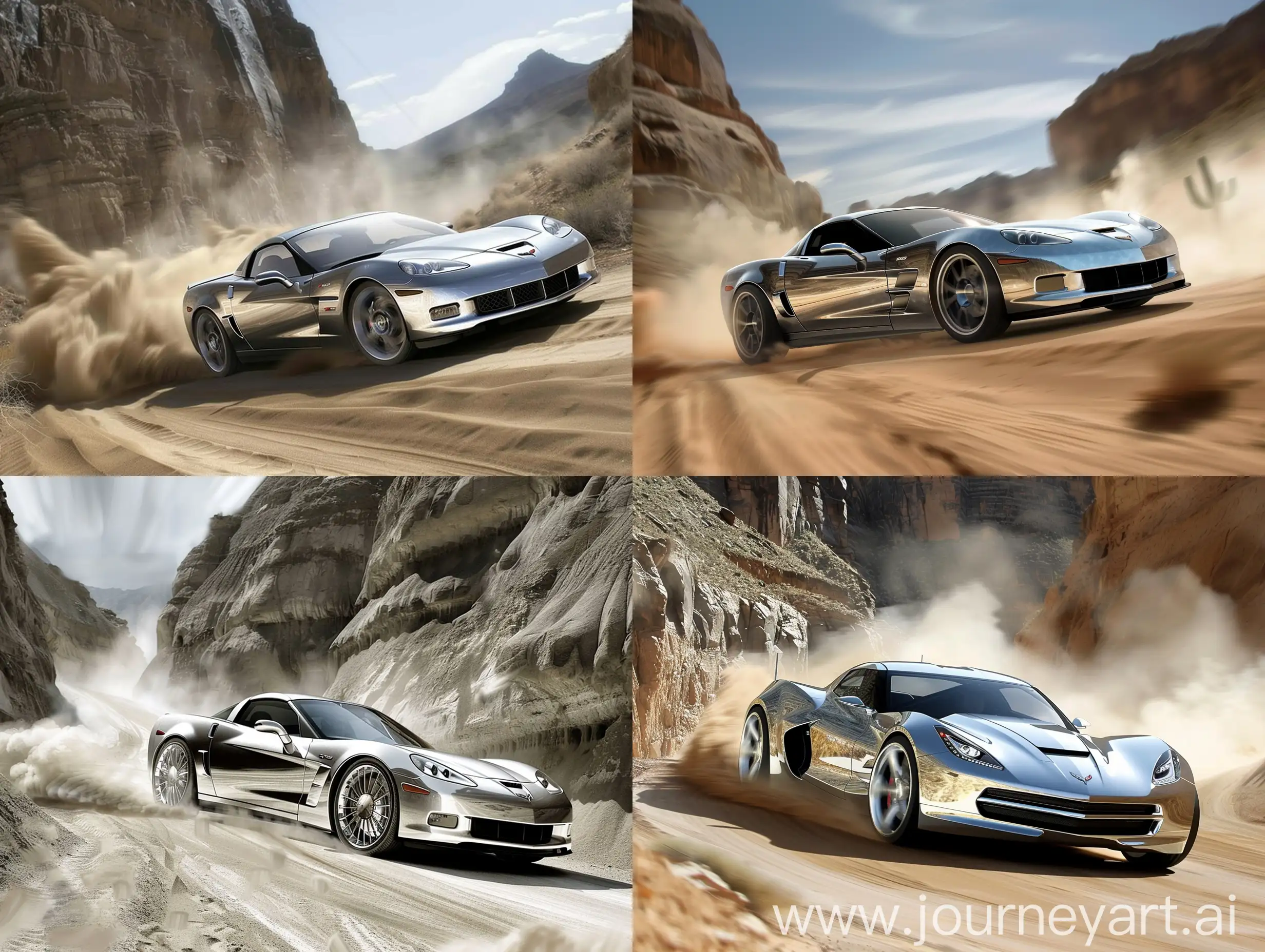 2009 Chevrolet Corvette Stingray Concept going fast in the canyon, dust and smoke coming out illustration drawing, illustration wallpaper style gray color chrome painted 2009 Chevrolet Corvette Stingray Concept Illustration