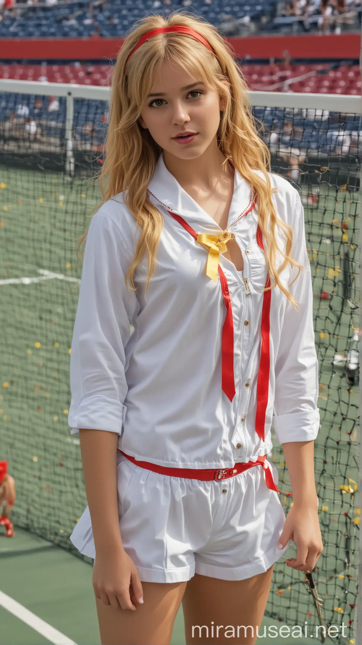 Beautiful American Tennis Spectator with Golden Hair and Red Ribbon Accessories