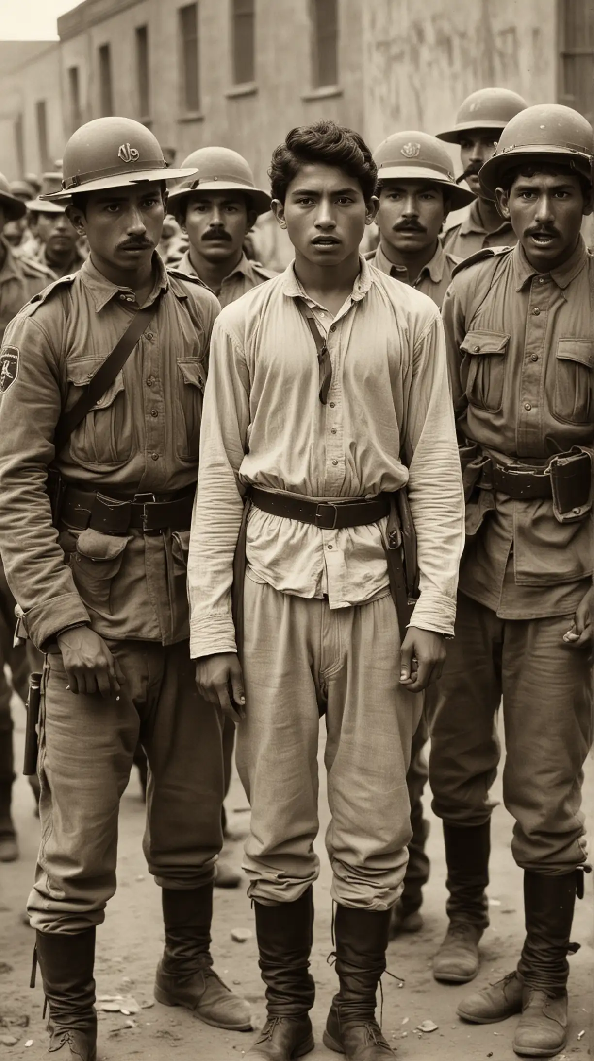 Create an image of a 20-year-old Mexican student, Veneslao Moguel, being arrested by soldiers during the Mexican Revolution in 1915. The scene should depict the tension and fear of the moment.