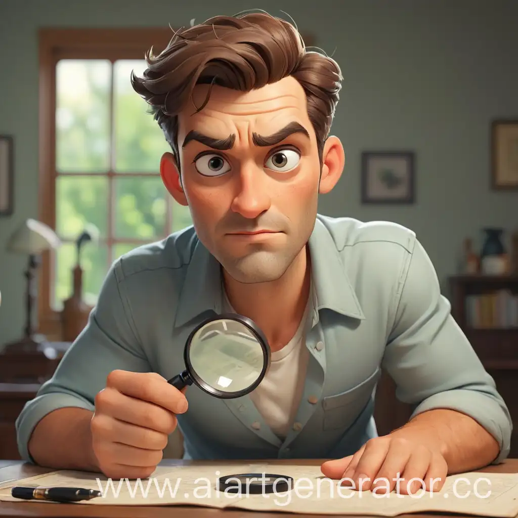 Cartoonishly-Handsome-Man-Inspecting-Table-with-Magnifying-Glass