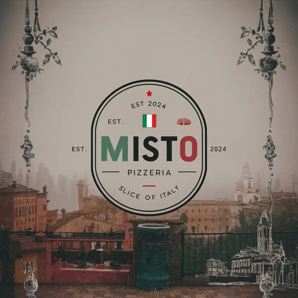 Misto Pizzeria Minimalist Emblem Decorated with Italian Colors on White Background