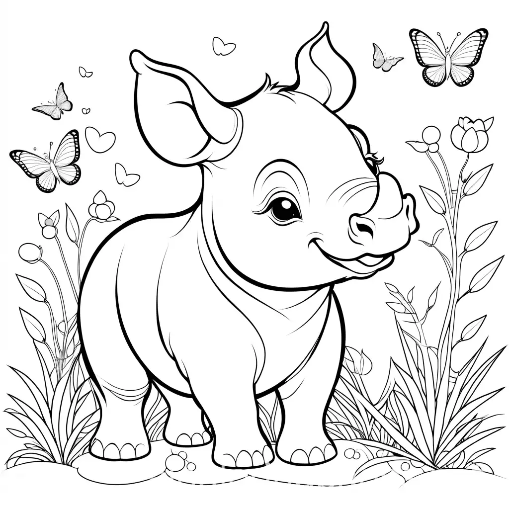 a happy rhino baby playing with little birds and butterflies, Coloring Page, black and white, line art, white background, Simplicity, Ample White Space. The background of the coloring page is plain white to make it easy for young children to color within the lines. The outlines of all the subjects are easy to distinguish, making it simple for kids to color without too much difficulty