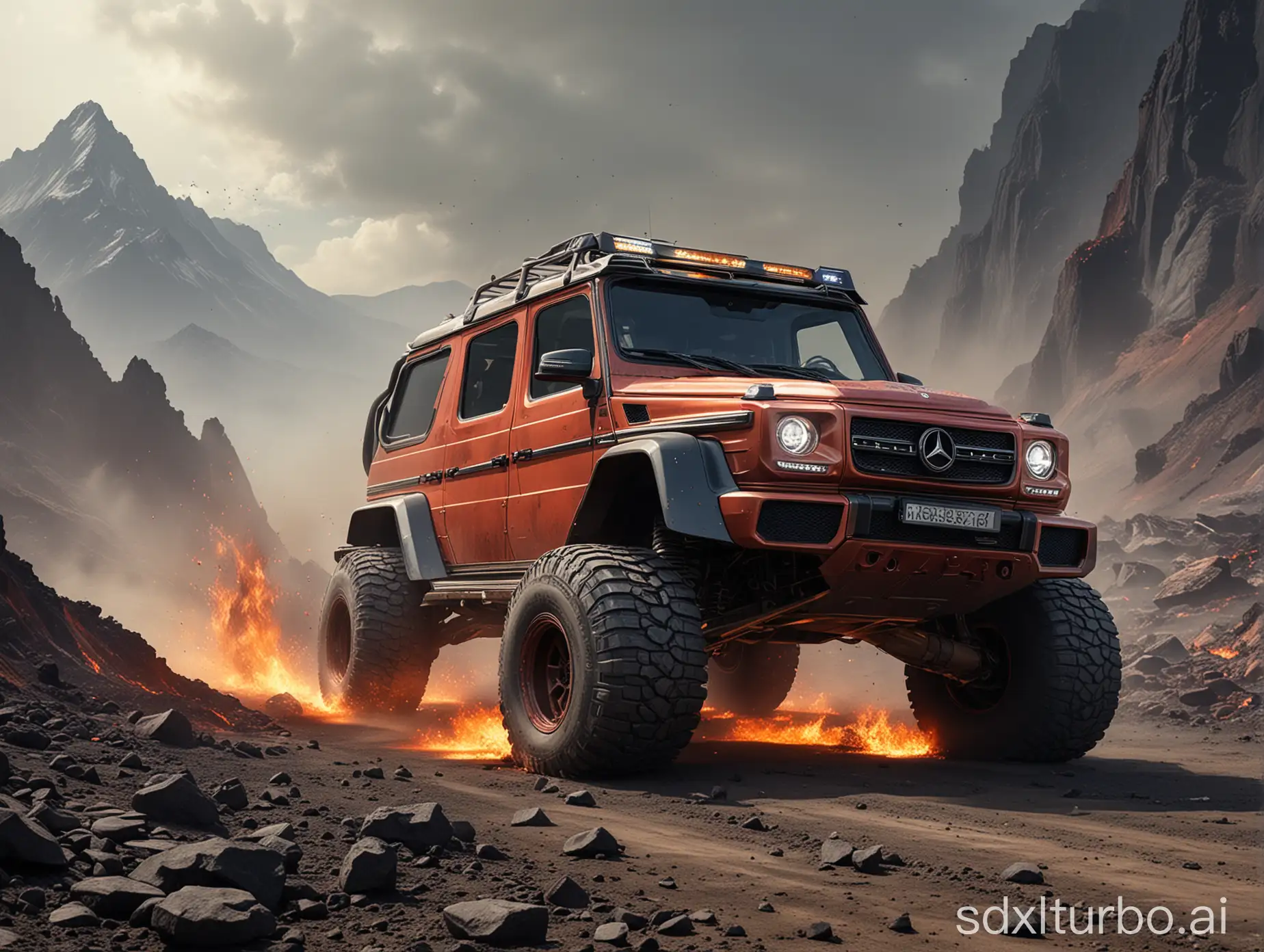 English

Chinese (Simplified)

German

English

Chinese (Simplified)

Japanese
Original
The 500-meter fire unicorn animal rushed out of the volcano, and the fire unicorn chased the future Mercedes-Benz G. Referring to "Clash of the Titans", the future Mercedes-Benz G is speeding in front, the ground cracks and magma spurts out, the tires rotate rapidly, low angle of view, sports atmosphere rendering, large scene, wide angle, Hollywood science fiction style

