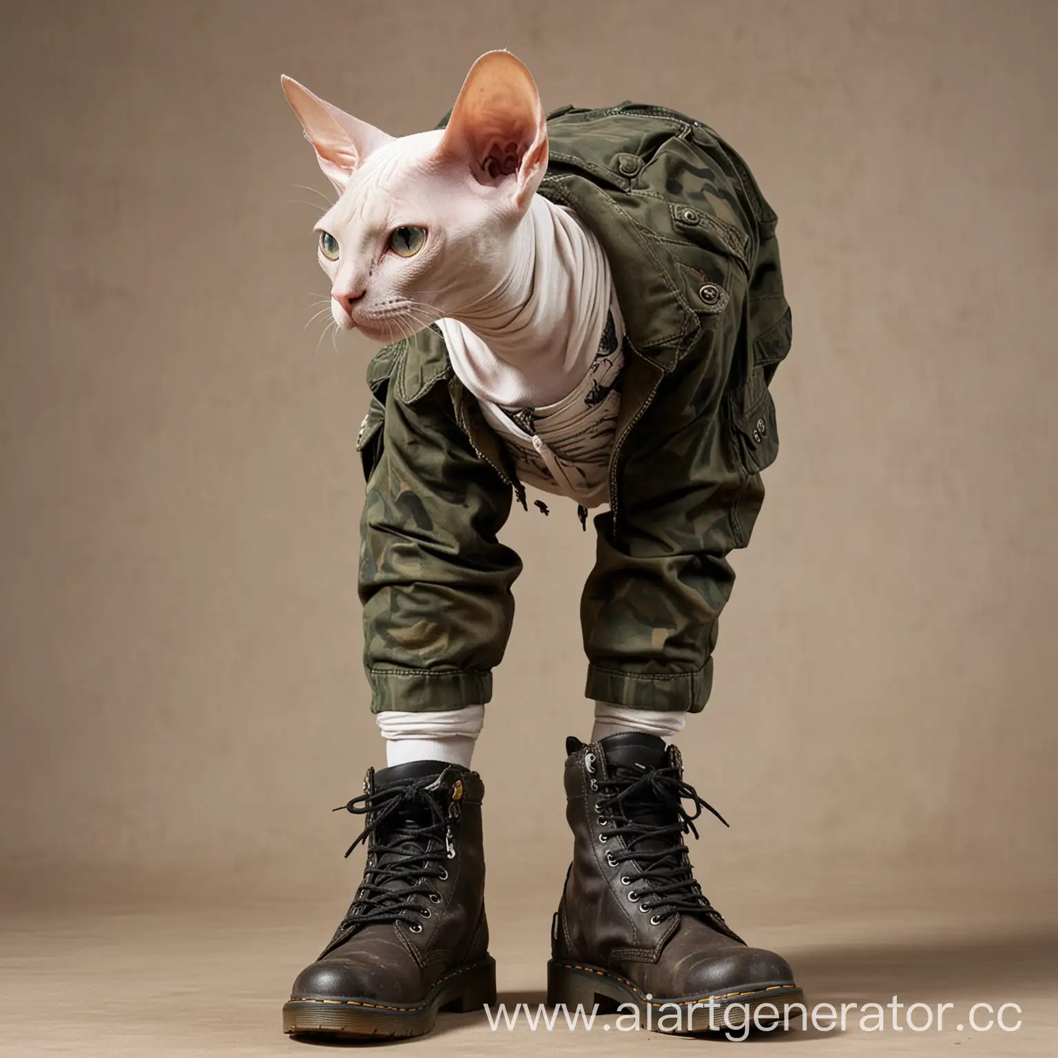 Sphinx-Cat-Skinhead-in-Fred-Perry-Pants-and-Camouflage-with-Doctor-Martens-Boots