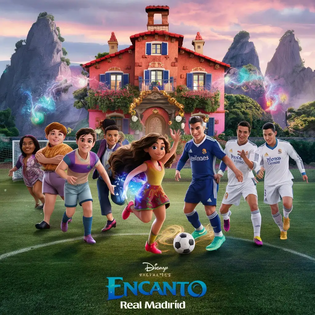 In the enchanting streets of a Colombian town nestled beneath the shadow of ancient mountains, the vibrant characters of 'Encanto' step onto the soccer field alongside the iconic players of Real Madrid. Mirabel, with her magical abilities, elegantly maneuvers the ball as she plays alongside familiar faces like Cristiano Ronaldo and Sergio Ramos. Each character embodies the spirit of their respective worlds, creating a mesmerizing fusion of magic and football. Above them, the Madrigal family's magical house radiates with the colors of both realms, symbolizing the unity of two beloved stories. It's a birthday celebration where dreams and the beautiful game collide in a spectacular display of joy and wonder.