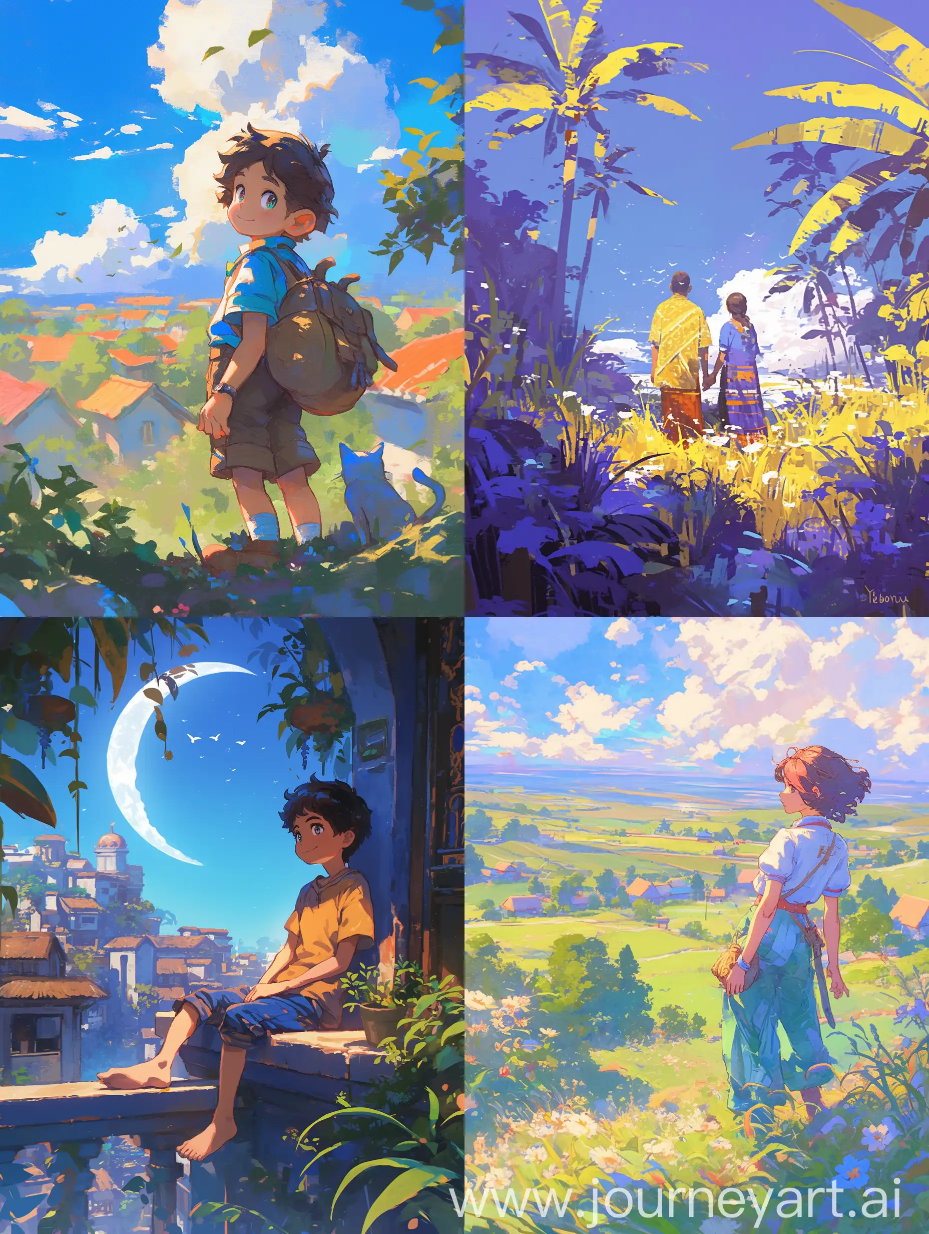 little Krishna anime style, Pinterest aesthetics, Ghibli studio style, vibrant colors, dreamy background, lush landscapes, detailed character design, inspired by Miyazaki's work, serene and magical, village setting, whimsical and enchanting, --ar 3:4 --s 800 --niji 6 