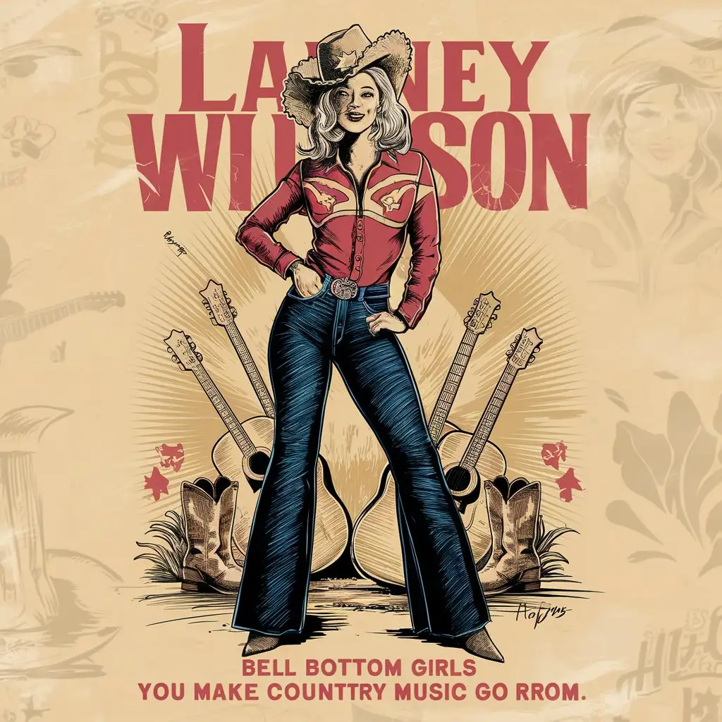 sketch of Lainey Wilson, wearing bell bottoms, Southern Ruetz hat, country western shirt, retro country western insignia as background. text, "Bell botton girls you make country music go round"