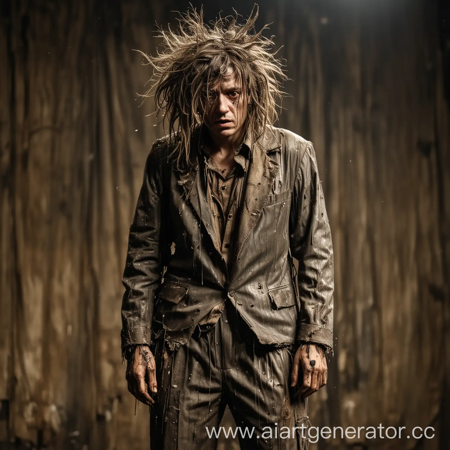 депресивный персонаж на сцене одет в неопрятный, грязный, мятый костюм, а волосы растрепанны