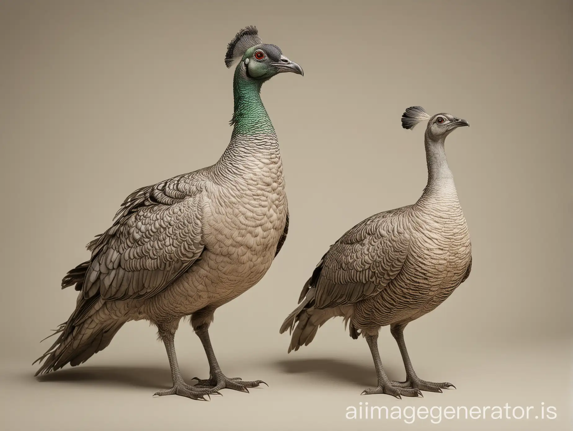 realistic peahen and peahen full body, neutral background