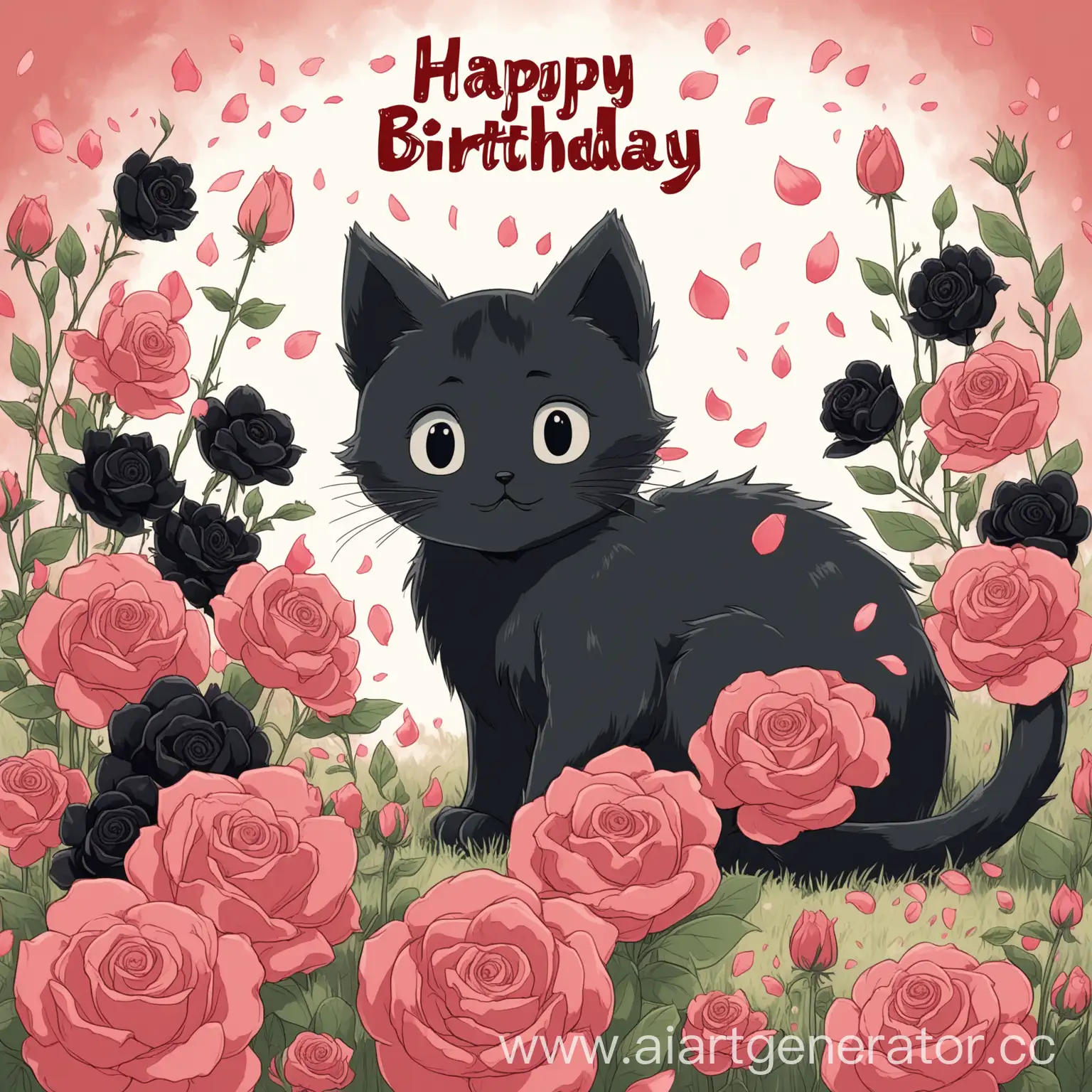 Hayao-Miyazaki-Style-Art-Enchanting-Scene-of-Rosy-Black-Flowers-and-Birthday-Kitten