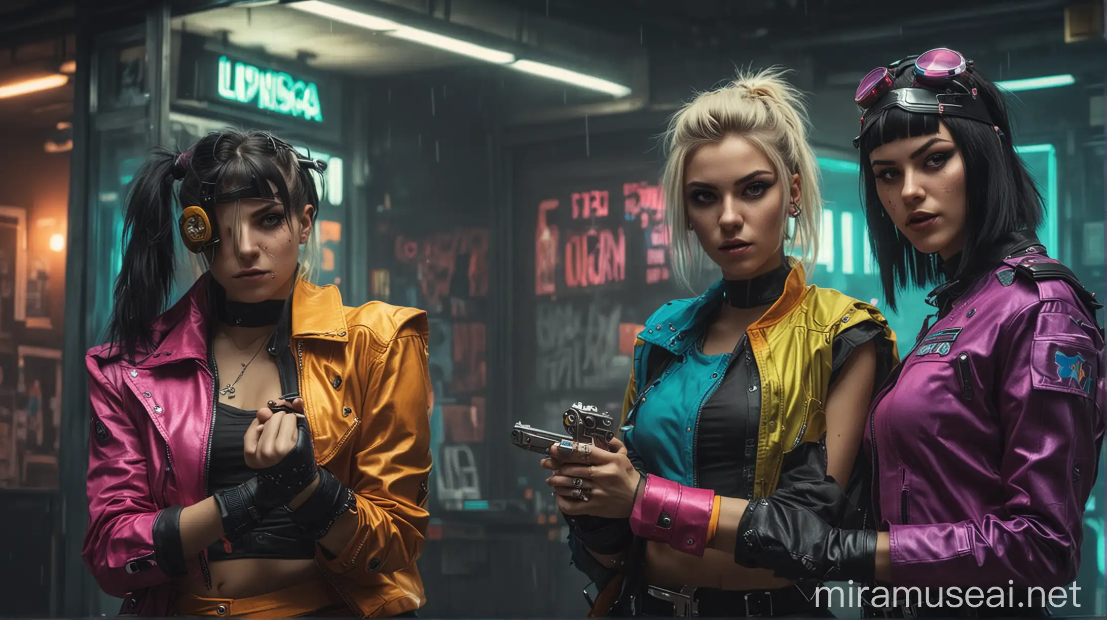 Three Young Women in Colorful Cyberpunk Uniforms Robbing a Bank