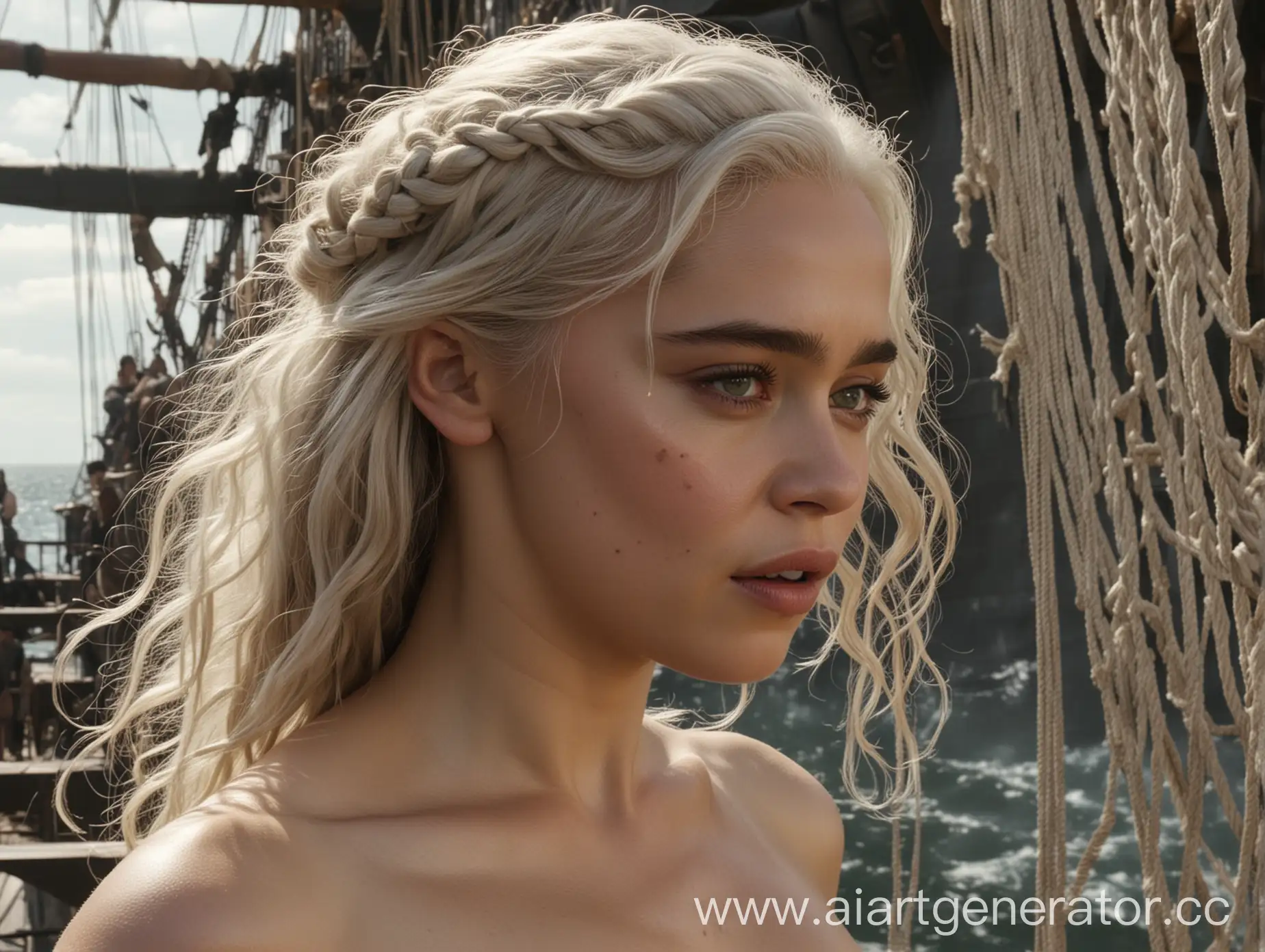 Completely naked, completely naked, full-length profile view, the beautiful actress Emilia Clarke in the image of Daenerys Targaryen climbs the stairs on board a sailing ship. Her hair is blowing in the wind, her skin is smeared with soot, her buttocks are tense, her breasts are swaying, and there is an expression of superiority on her face. The image is of the best quality. Accurate transmission of all details. A copy of the face. 8K. HD.