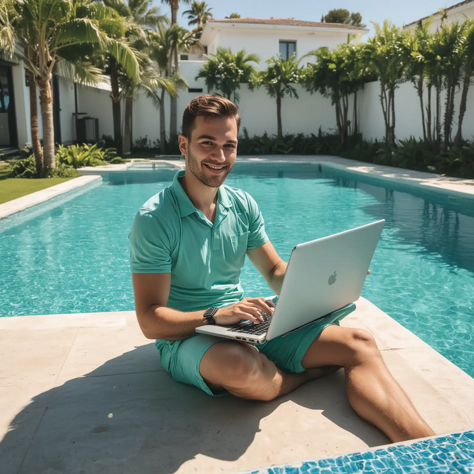 Employee doing elearning training during his summer holiday at the pool -  picture in green-blue colors with white background