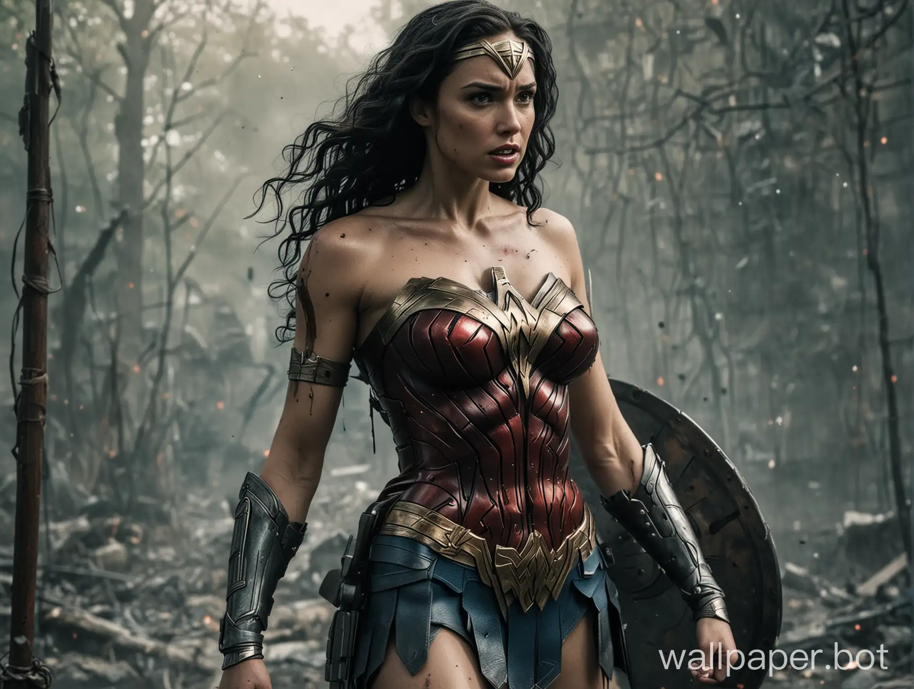 wonder woman, lean body,  big breast, torned armored,  almost naked. lost in battle, bleeding.